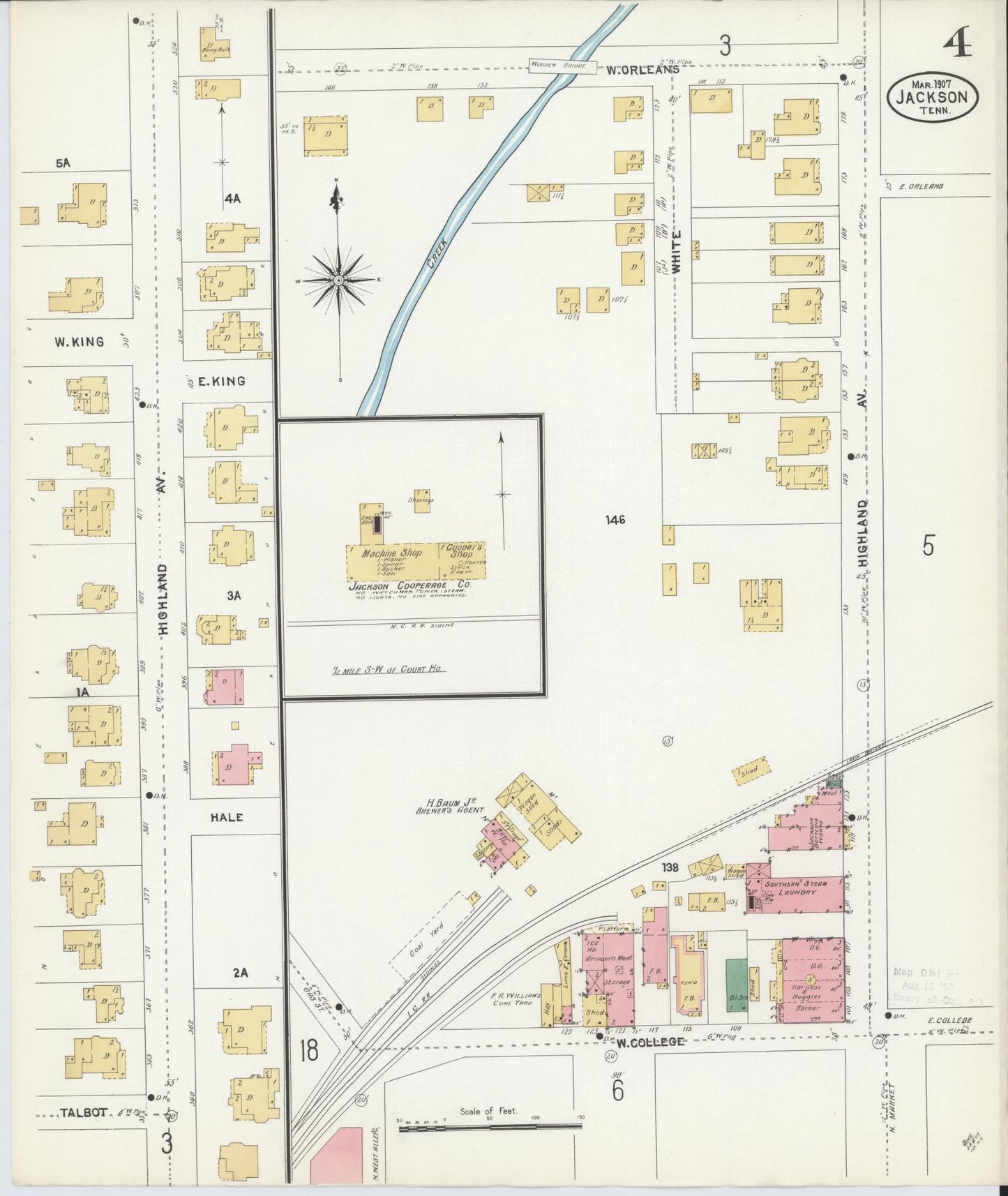 Sanborn Fire Insurance Map from Jackson, Madison County, Tennessee (1907), Sheet #0004 - Complete Map Set gallery image, historic Sanborn map, vintage wall art, Tennessee Tennessee