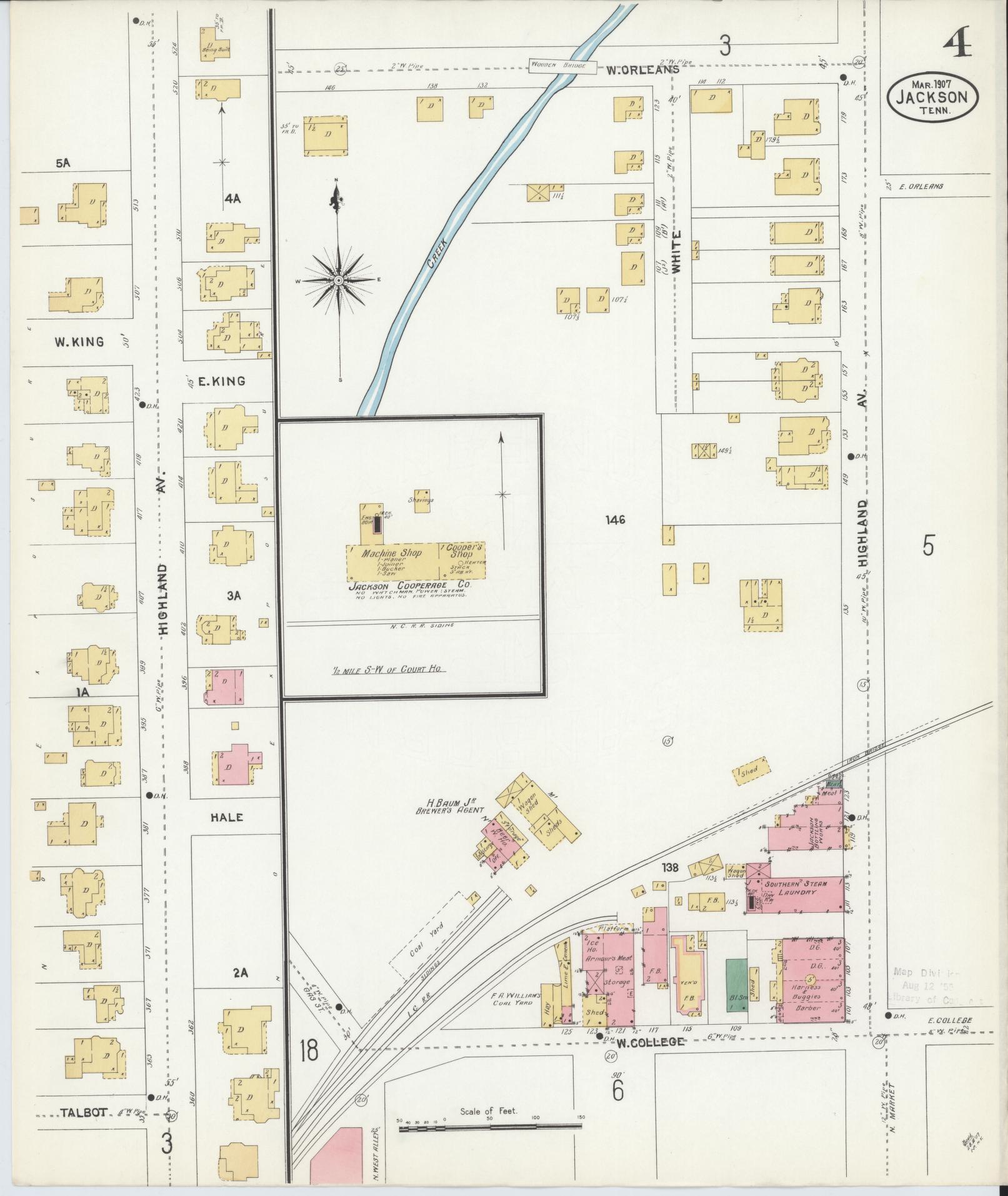 Sanborn Fire Insurance Map from Jackson, Madison County, Tennessee (1907), Sheet #0004 - Complete Map Set gallery image, historic Sanborn map, vintage wall art, Tennessee Tennessee