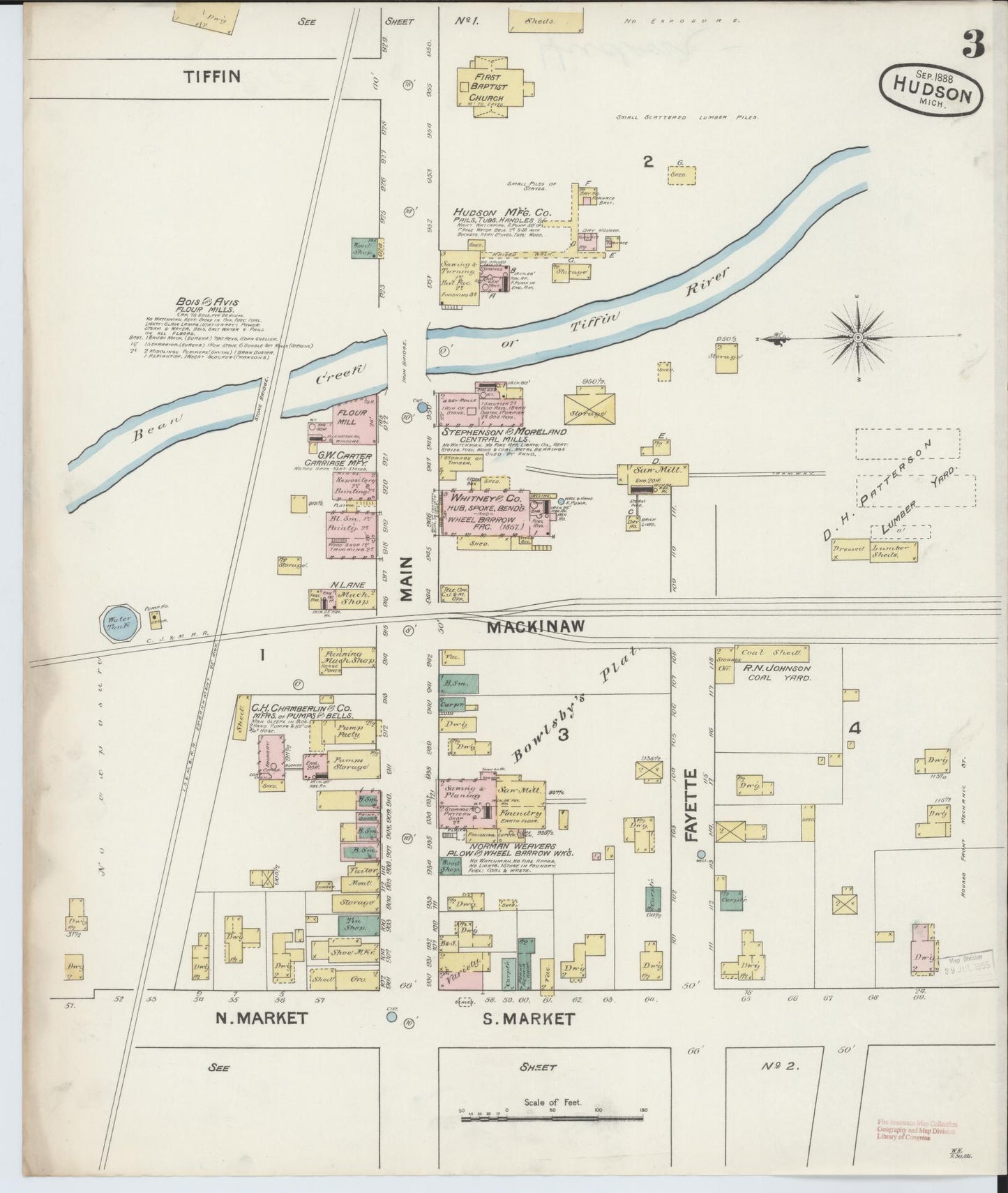 Sanborn Fire Insurance Map from Hudson, Lenawee County, Michigan (1888), Sheet #0003 - Complete Map Set gallery image, historic Sanborn map, vintage wall art, Michigan Michigan