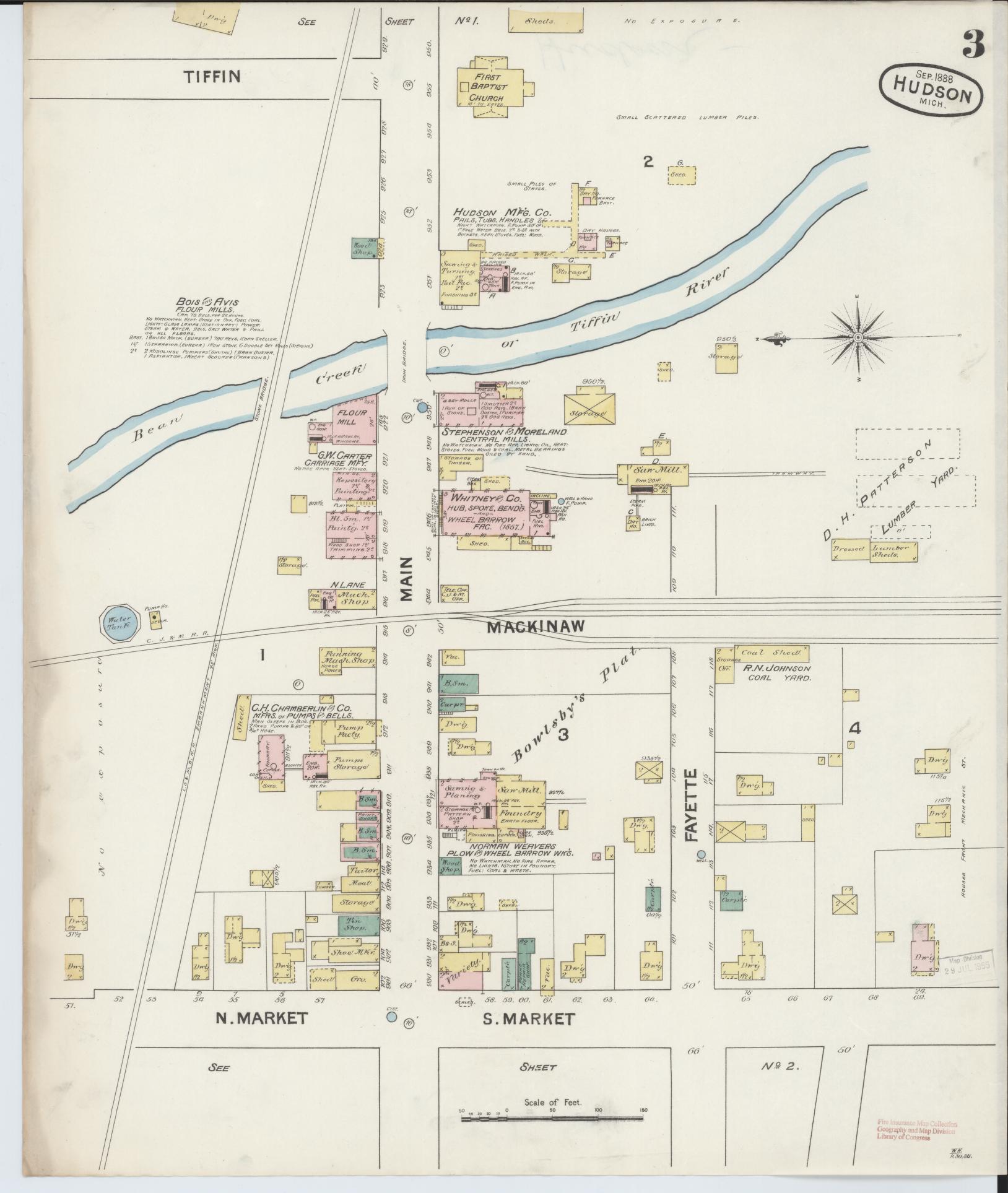 Sanborn Fire Insurance Map from Hudson, Lenawee County, Michigan (1888), Sheet #0003 - Complete Map Set gallery image, historic Sanborn map, vintage wall art, Michigan Michigan