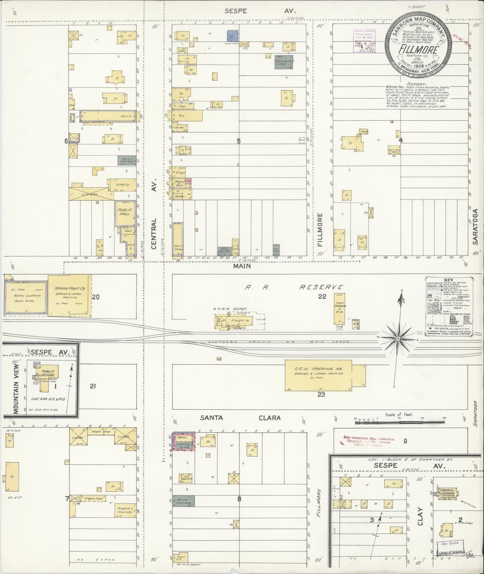 Sanborn Fire Insurance Map from Fillmore, Ventura County, California (1909), Sheet #0001 - Historic Sanborn Fire Insurance Map Print, vintage old map wall art, antique decor, genealogy gift, California California map