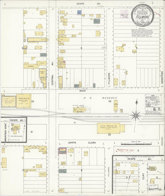 Sanborn Fire Insurance Map from Fillmore, Ventura County, California (1909), Sheet #0001 - Historic Sanborn Fire Insurance Map Print, vintage old map wall art, antique decor, genealogy gift, California California map