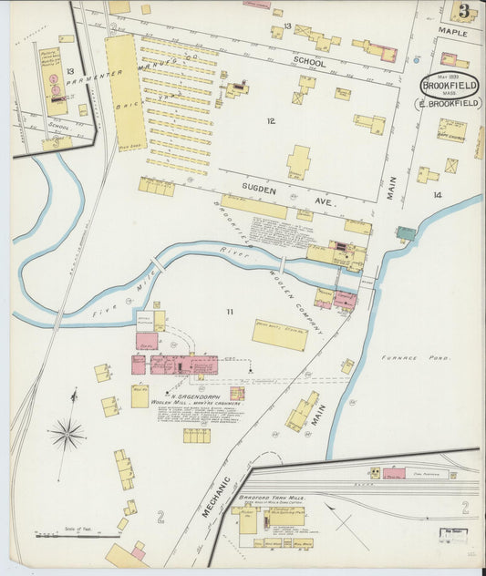 Sanborn Fire Insurance Map from Brookfield, Worcester County, Massachusetts (1893), Sheet #0003 - Historic Sanborn Fire Insurance Map Print, vintage old map wall art, antique decor, genealogy gift, Massachusetts Massachusetts map