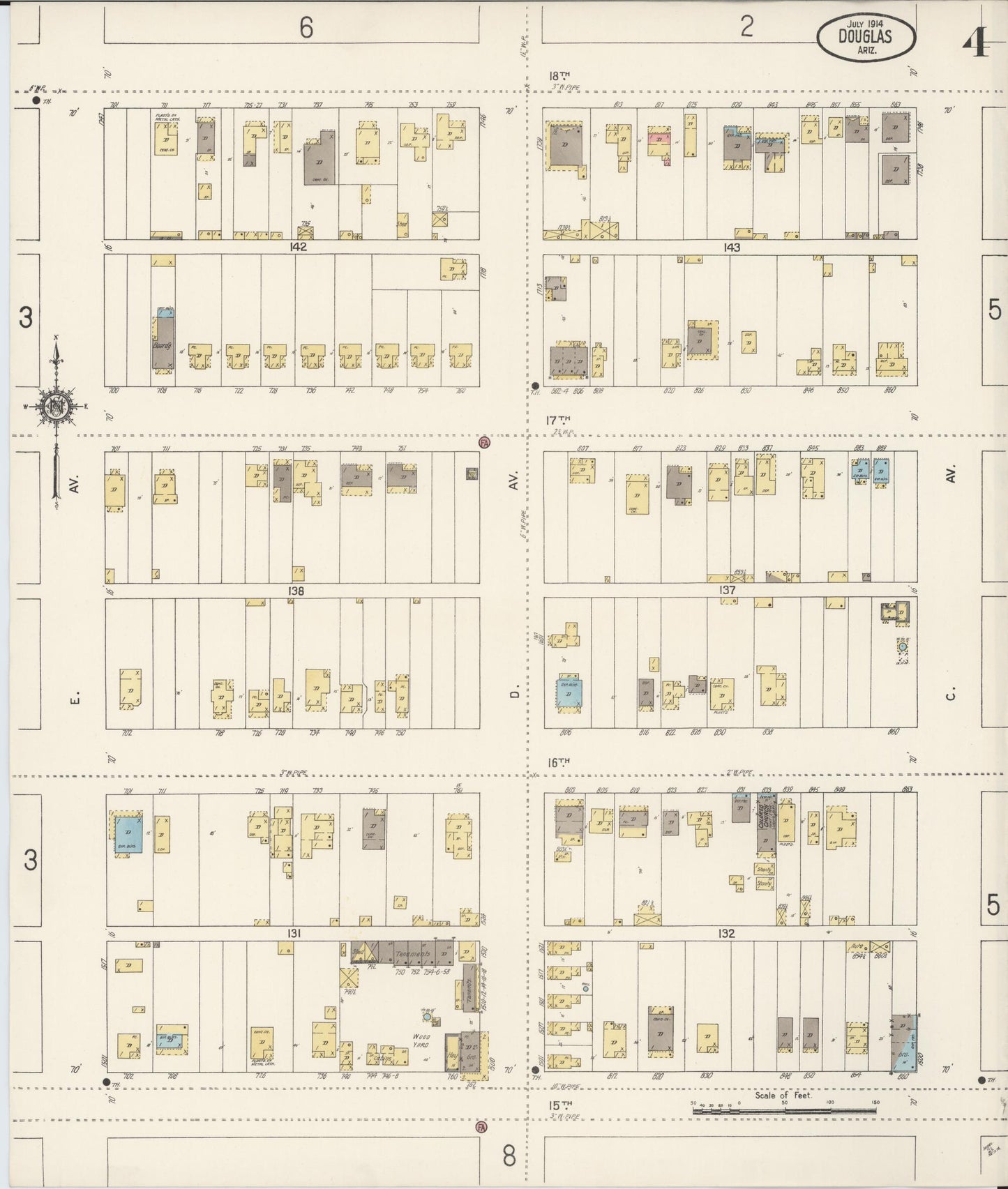 Sanborn Fire Insurance Map from Douglas, Cochise County, Arizona (1914), Sheet #0004 - Historic Sanborn Fire Insurance Map Print, vintage old map wall art, antique decor, genealogy gift, Arizona Arizona map