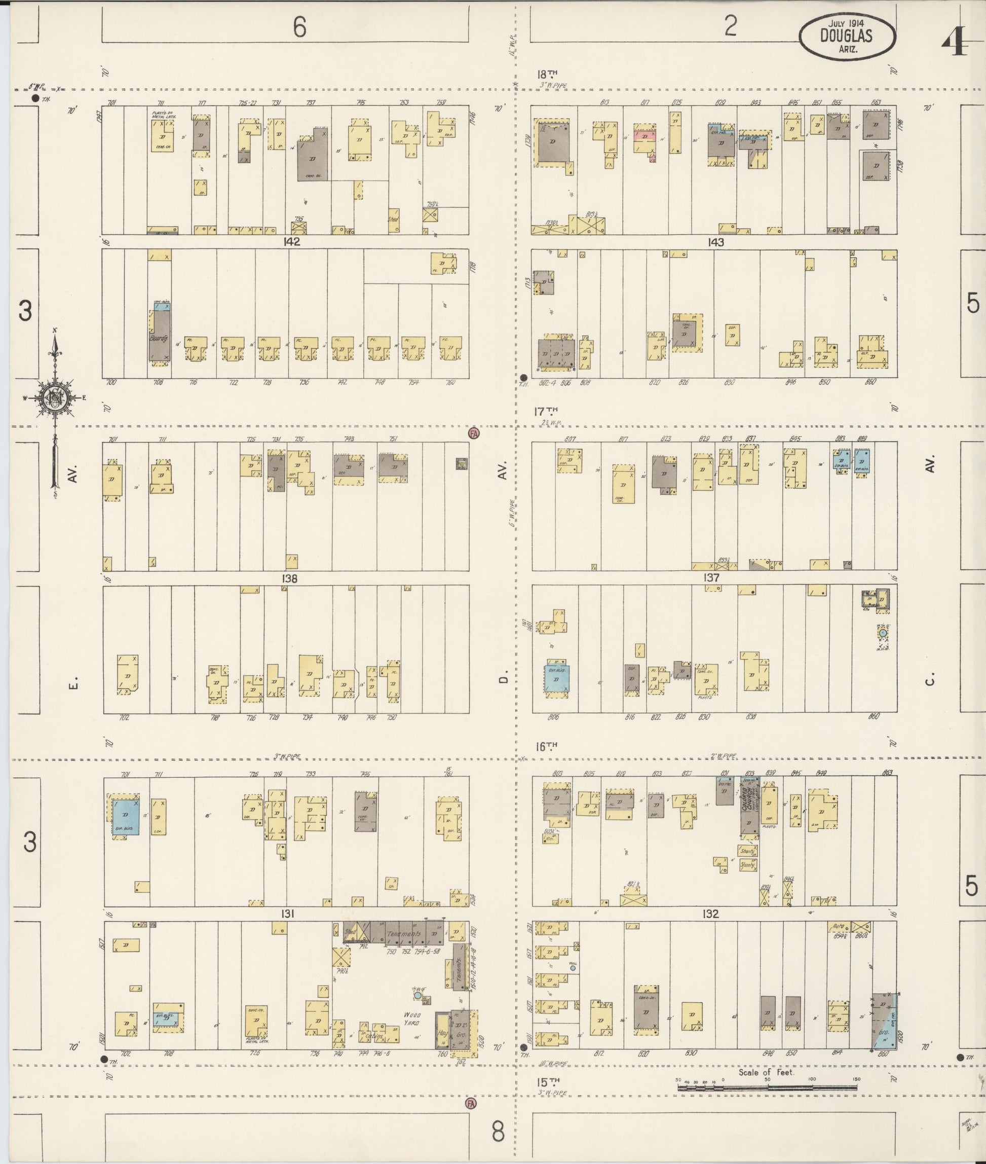 Sanborn Fire Insurance Map from Douglas, Cochise County, Arizona (1914), Sheet #0004 - Historic Sanborn Fire Insurance Map Print, vintage old map wall art, antique decor, genealogy gift, Arizona Arizona map