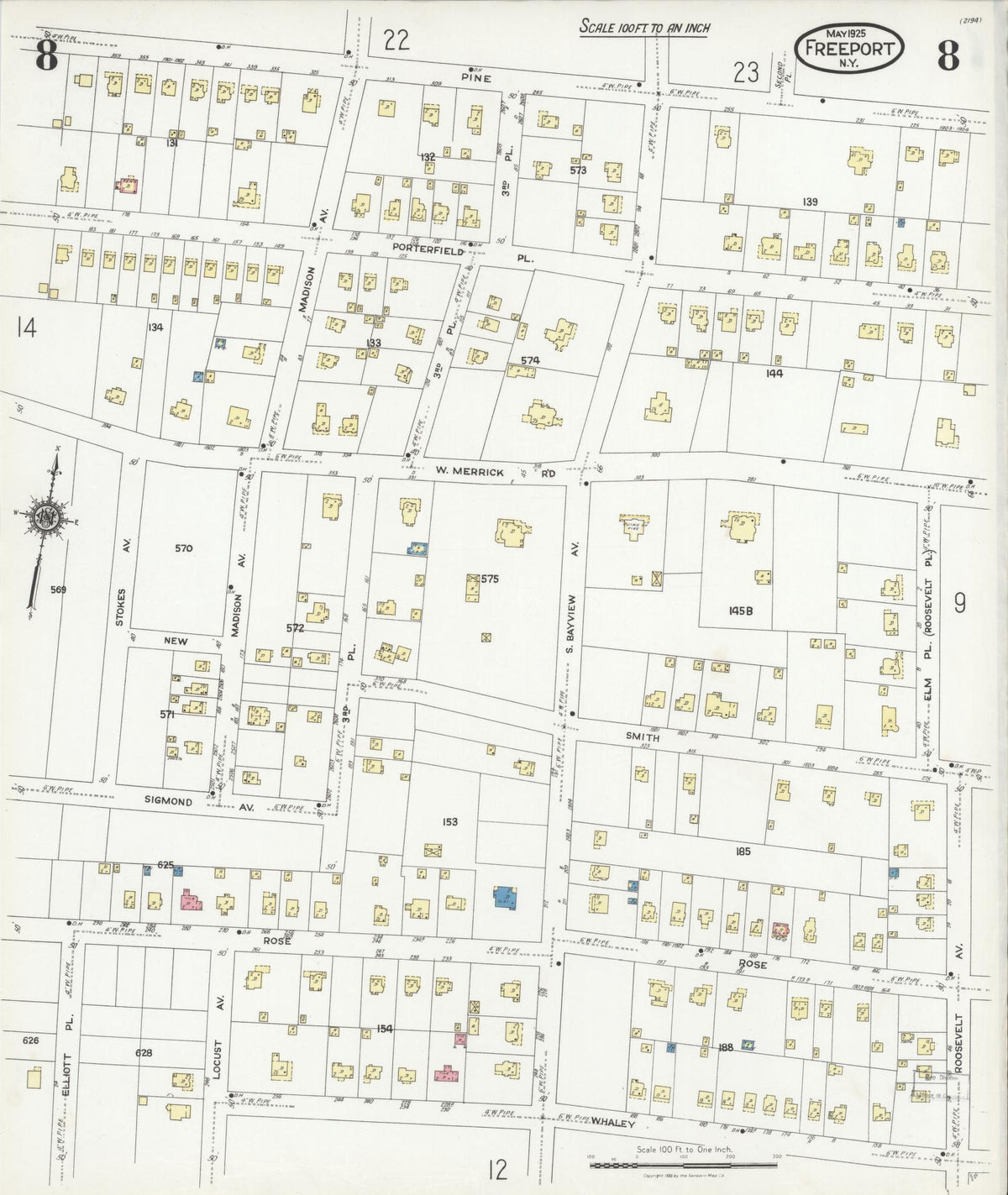Sanborn Fire Insurance Map from Freeport, Nassau County, New York (1925), Sheet #0008 - Complete Map Set gallery image, historic Sanborn map, vintage wall art, New York New York