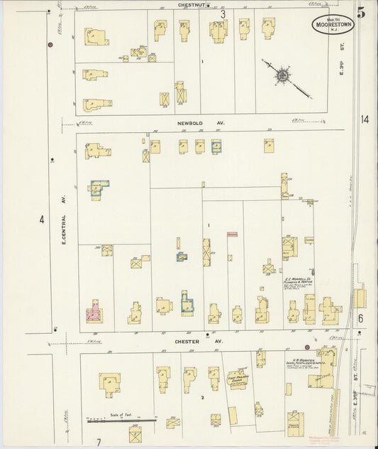 Sanborn Fire Insurance Map from Moorestown, Burlington County, New Jersey (1911), Sheet #0005 - Historic Sanborn Fire Insurance Map Print, vintage old map wall art, antique decor, genealogy gift, New Jersey New Jersey map