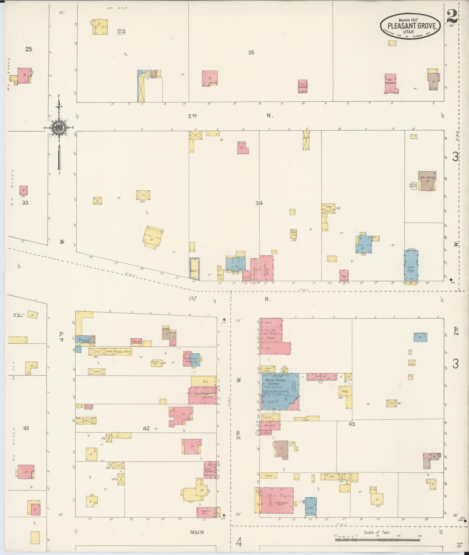 Sanborn Fire Insurance Map from Pleasant Grove, Utah County, Utah (1917), Sheet #0002 - Historic Sanborn Fire Insurance Map Print, vintage old map wall art, antique decor, genealogy gift, Pleasant Grove Utah map