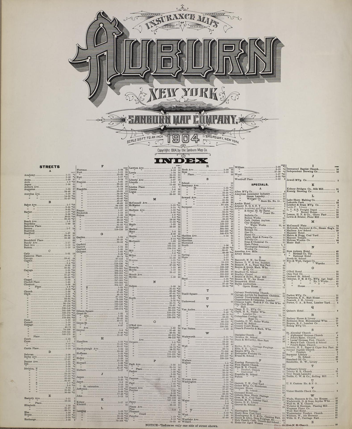 Sanborn Fire Insurance Map from Auburn, Cayuga County, New York (1904), Sheet #0001 - Historic Sanborn Fire Insurance Map Print, vintage old map wall art, antique decor, genealogy gift, New York New York map