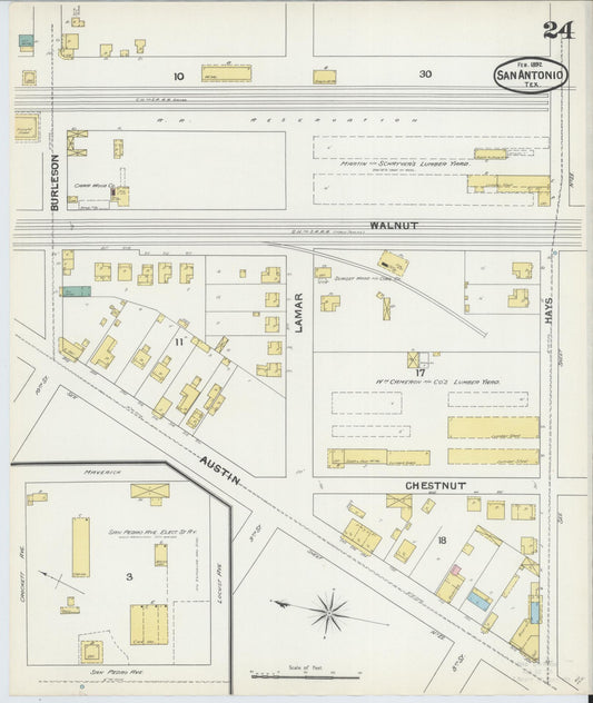 Sanborn Fire Insurance Map from San Antonio, Bexar County, Texas (1892), Sheet #0024 - Historic Sanborn Fire Insurance Map Print, vintage old map wall art, antique decor, genealogy gift, Texas Texas map
