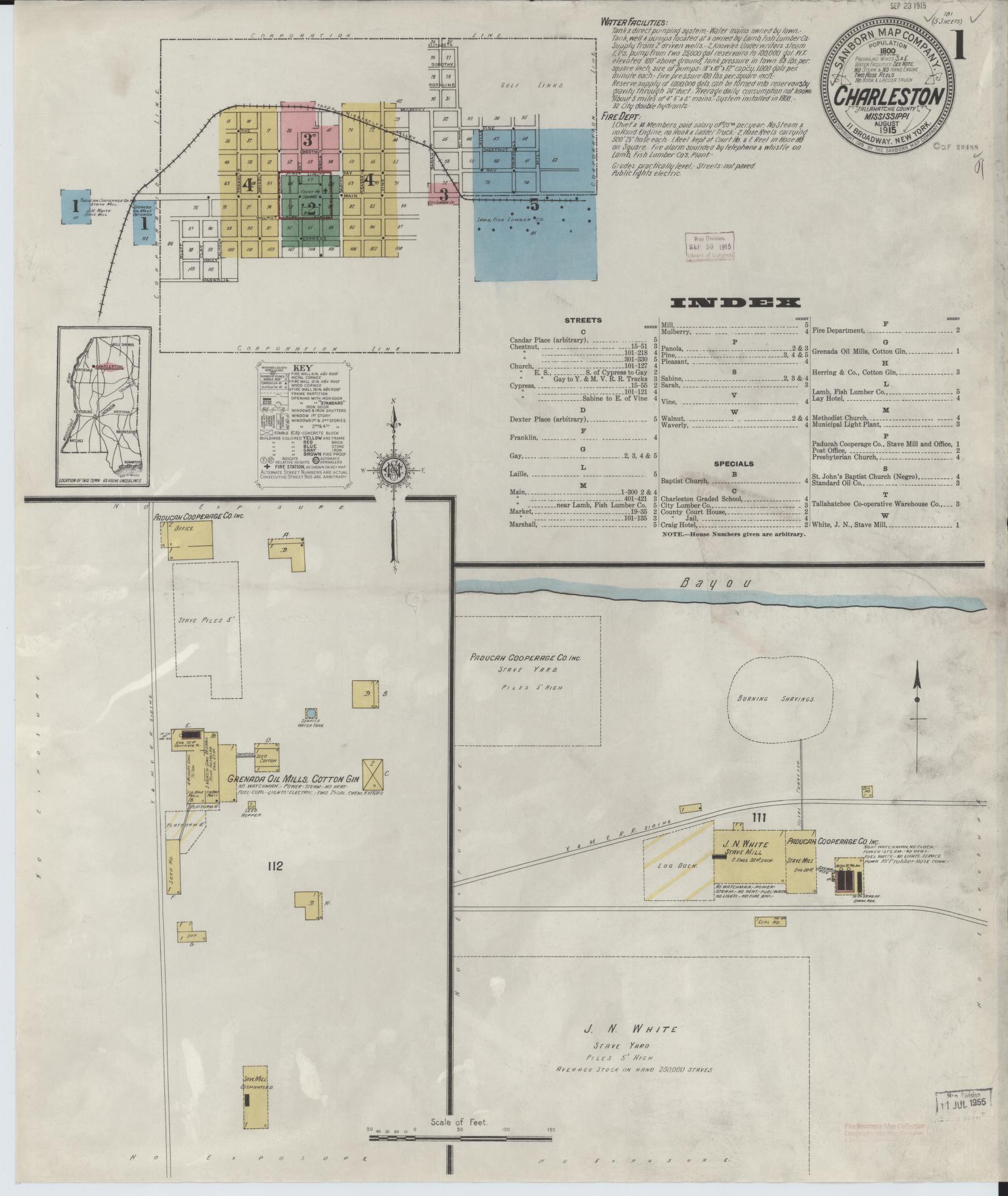 Sanborn Fire Insurance Map from Charleston, Tallahatchie County, Mississippi (1915), Sheet #0001 - Complete Map Set gallery image, historic Sanborn map, vintage wall art, Mississippi Mississippi