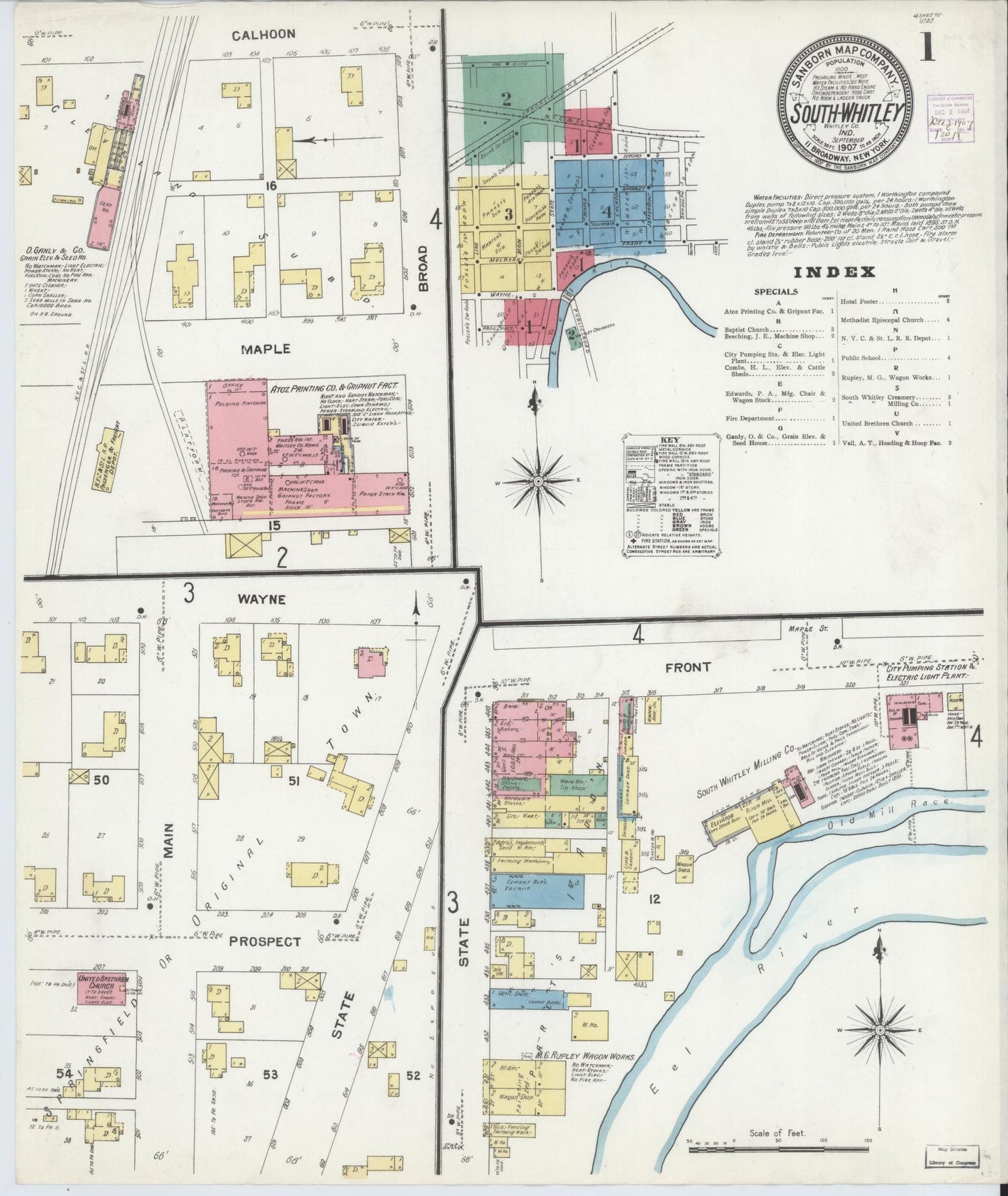 Sanborn Fire Insurance Map from South Whitley, Whitley County, Indiana (1907), Sheet #0001 - Historic Sanborn Fire Insurance Map Print, vintage old map wall art, antique decor, genealogy gift, Indiana Indiana map