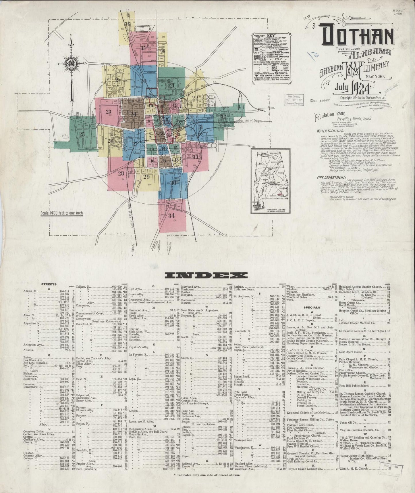 Sanborn Fire Insurance Map from Dothan, Houston County, Alabama (1924), Sheet #0001 - Historic Sanborn Fire Insurance Map Print, vintage old map wall art, antique decor, genealogy gift, Alabama Alabama map