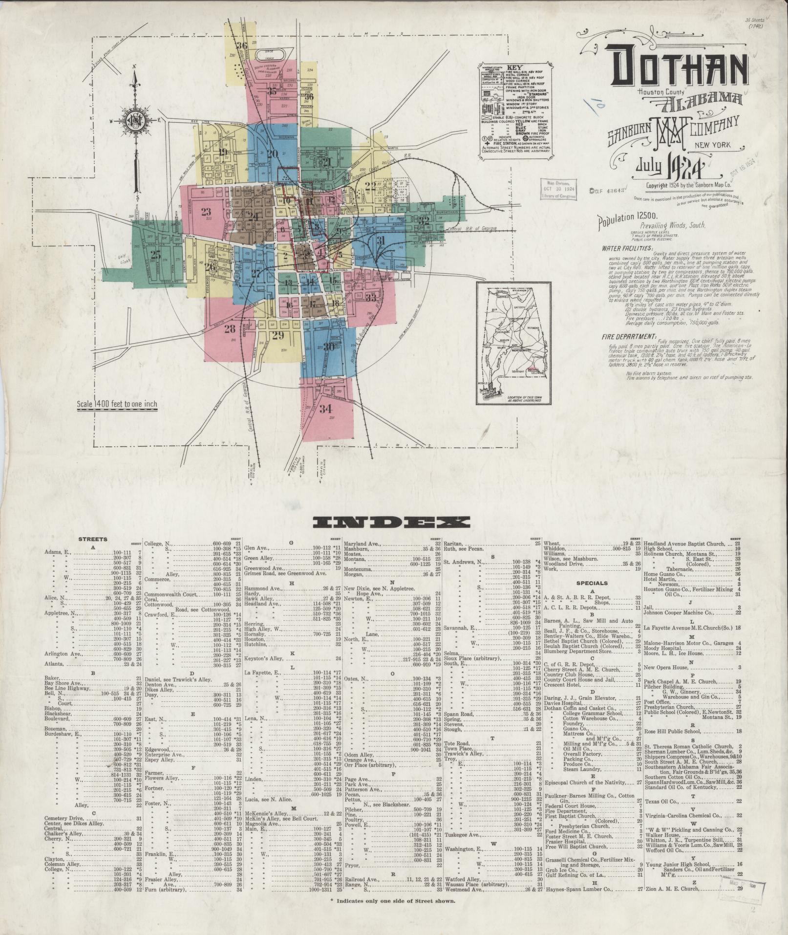 Sanborn Fire Insurance Map from Dothan, Houston County, Alabama (1924), Sheet #0001 - Historic Sanborn Fire Insurance Map Print, vintage old map wall art, antique decor, genealogy gift, Alabama Alabama map