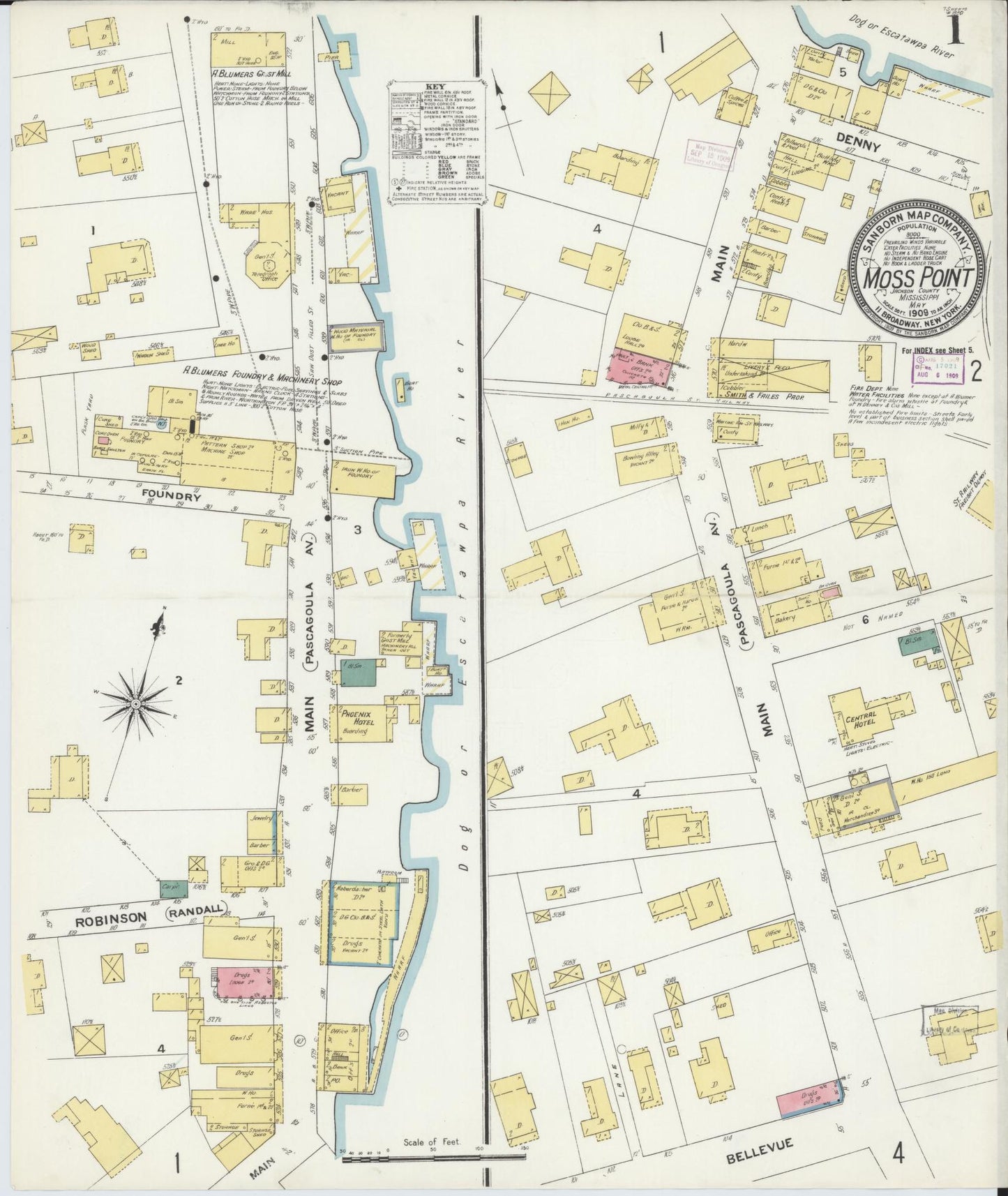 Sanborn Fire Insurance Map from Moss Point, Jackson County, Mississippi (1909), Sheet #0001 - Complete Map Set gallery image, historic Sanborn map, vintage wall art, Mississippi Mississippi