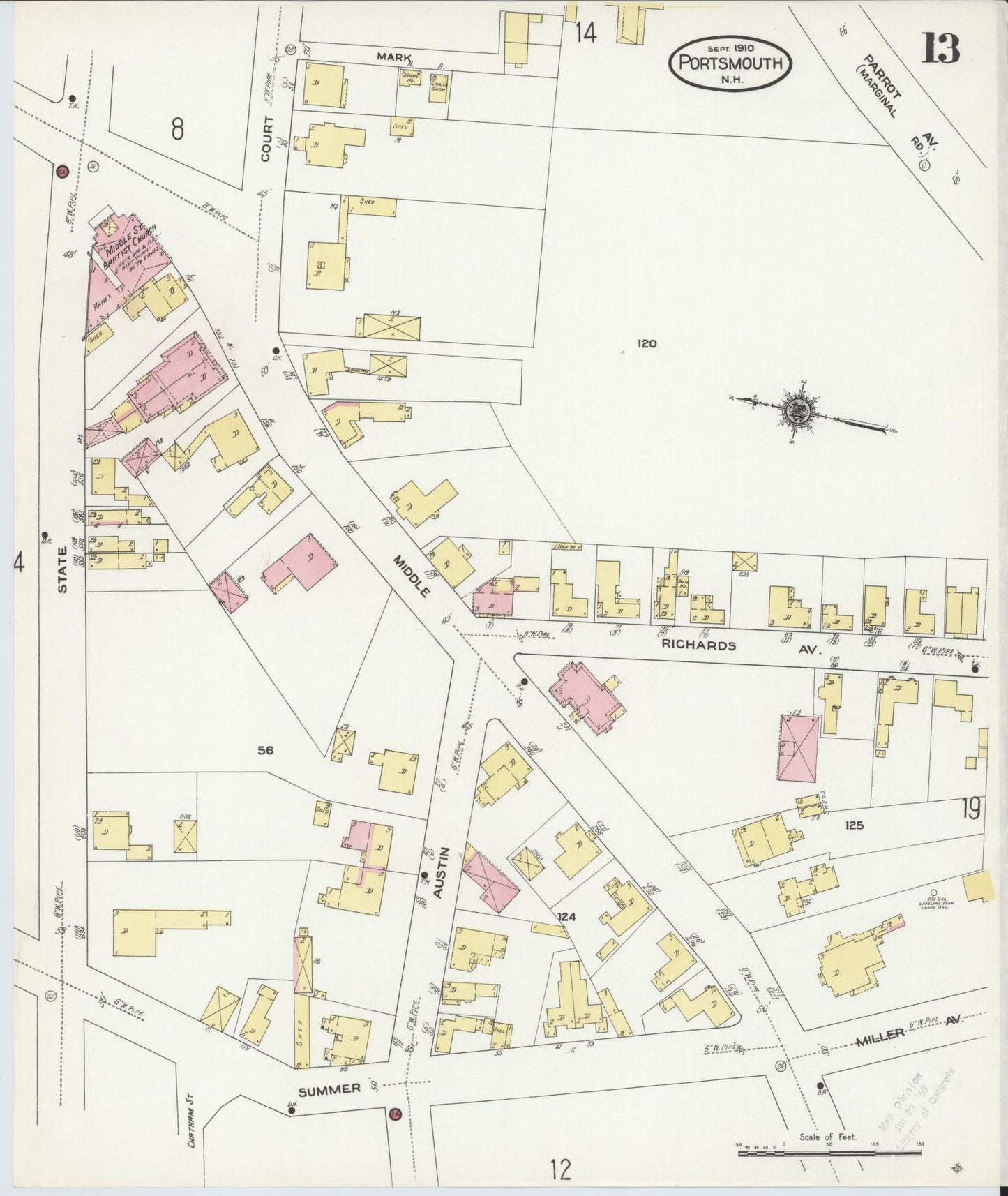 Sanborn Fire Insurance Map from Portsmouth, Rockingham County, New Hampshire (1910), Sheet #0013 - Historic Sanborn Fire Insurance Map Print, vintage old map wall art, antique decor, genealogy gift, New Hampshire New Hampshire map