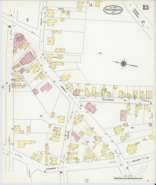Sanborn Fire Insurance Map from Portsmouth, Rockingham County, New Hampshire (1910), Sheet #0013 - Historic Sanborn Fire Insurance Map Print, vintage old map wall art, antique decor, genealogy gift, New Hampshire New Hampshire map
