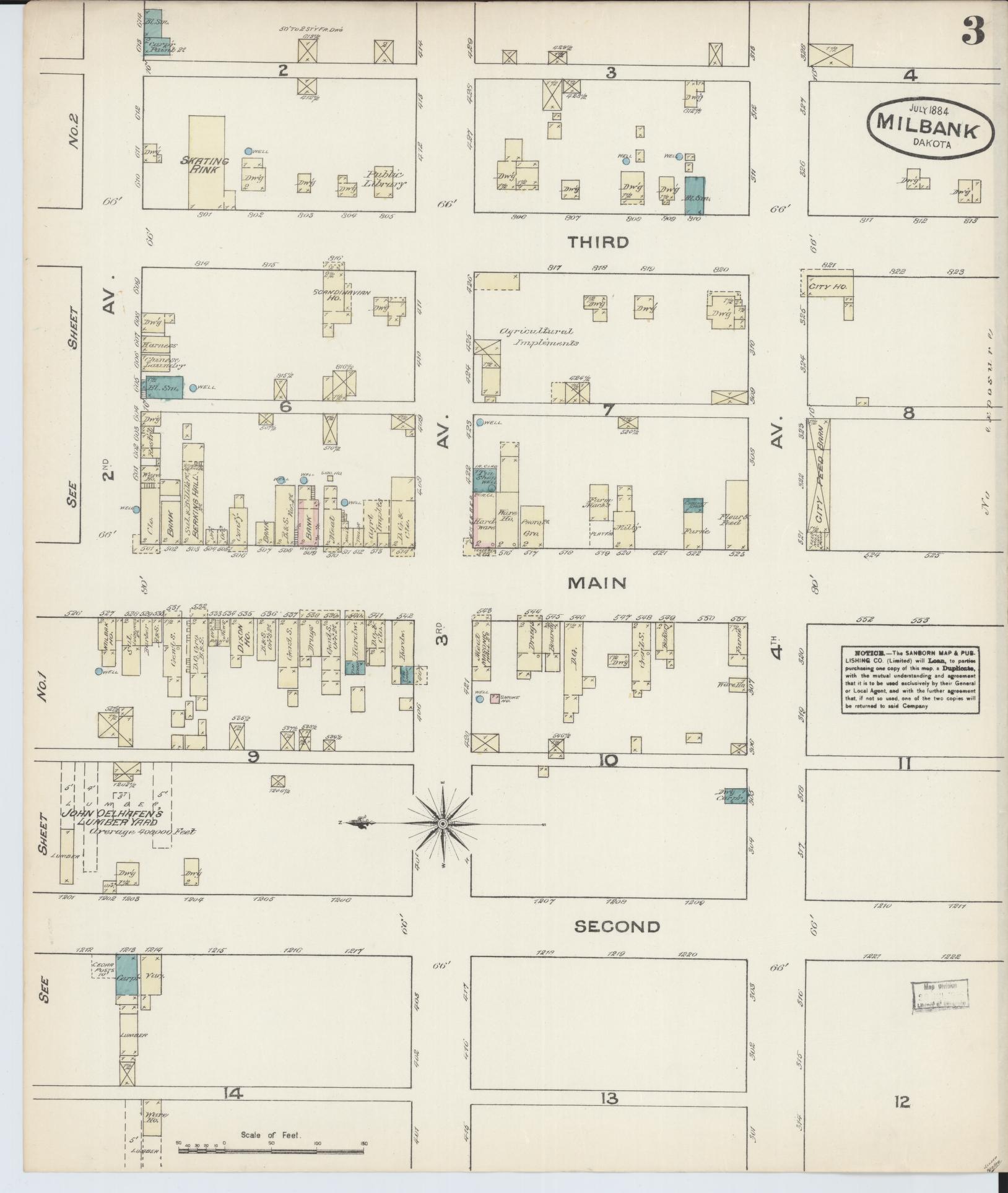 Sanborn Fire Insurance Map from Milbank, Grant County, South Dakota (1884), Sheet #0003 - Historic Sanborn Fire Insurance Map Print, vintage old map wall art, antique decor, genealogy gift, South Dakota South Dakota map