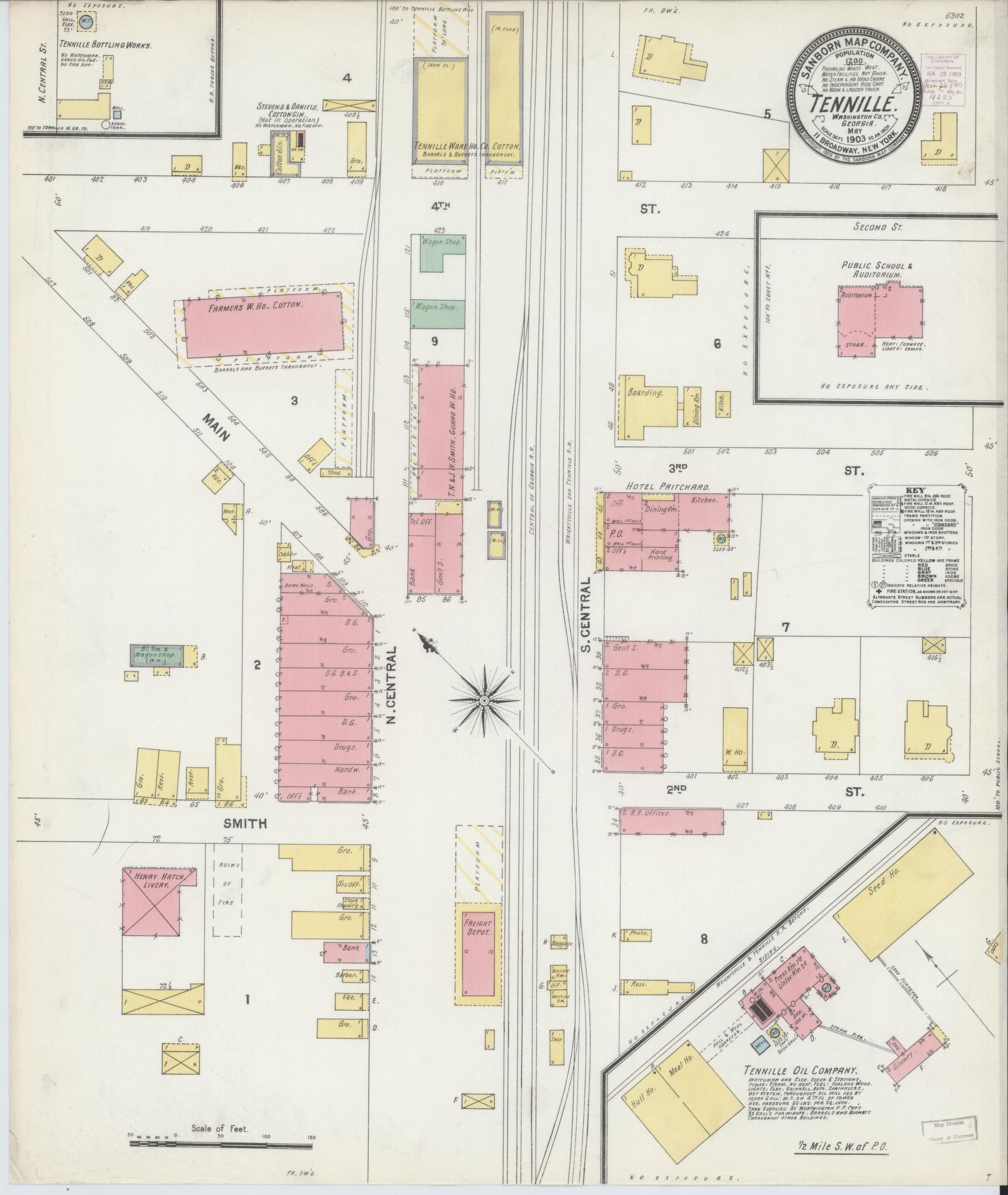 Sanborn Fire Insurance Map from Tennille, Washington County, Georgia (1903), Sheet #0001 - Historic Sanborn Fire Insurance Map Print, vintage old map wall art, antique decor, genealogy gift, Georgia Georgia map