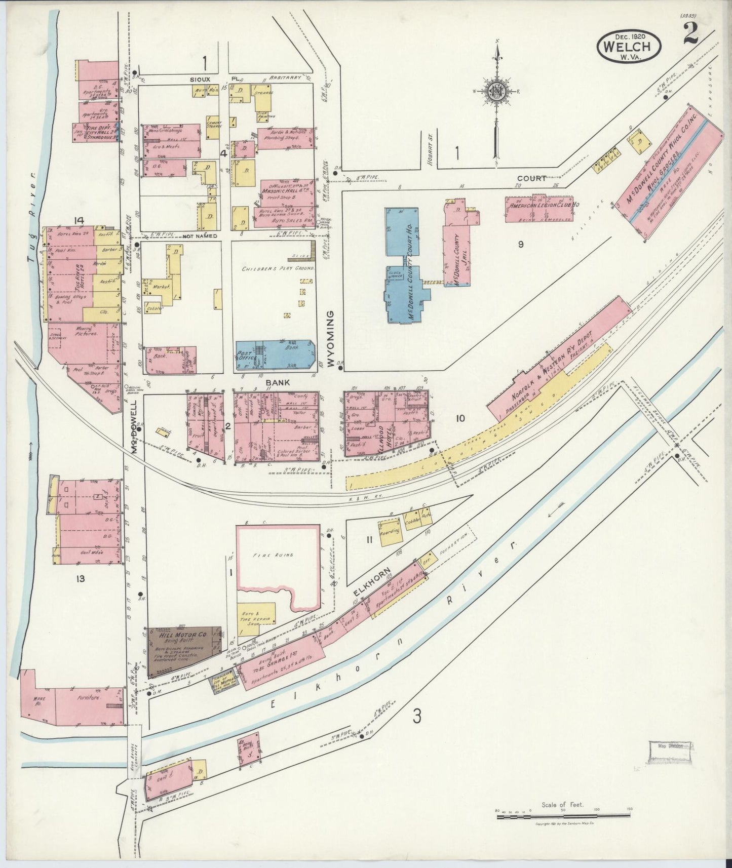 Sanborn Fire Insurance Map from Welch, Mcdowell County, West Virginia (1920), Sheet #0002 - Historic Sanborn Fire Insurance Map Print, vintage old map wall art, antique decor, genealogy gift, West Virginia West Virginia map