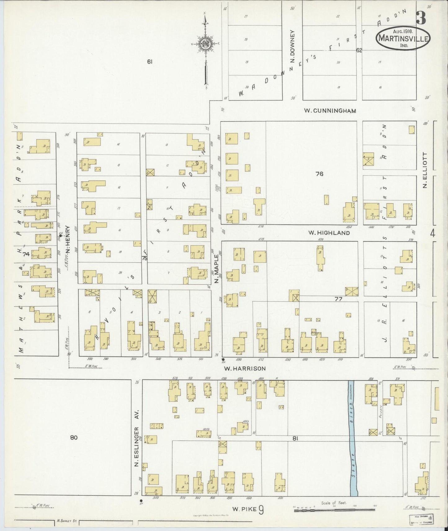 Sanborn Fire Insurance Map from Martinsville, Morgan County, Indiana (1916), Sheet #0003 - Historic Sanborn Fire Insurance Map Print, vintage old map wall art, antique decor, genealogy gift, Indiana Indiana map
