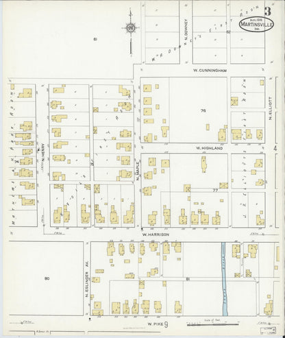 Sanborn Fire Insurance Map from Martinsville, Morgan County, Indiana (1916), Sheet #0003 - Historic Sanborn Fire Insurance Map Print, vintage old map wall art, antique decor, genealogy gift, Indiana Indiana map