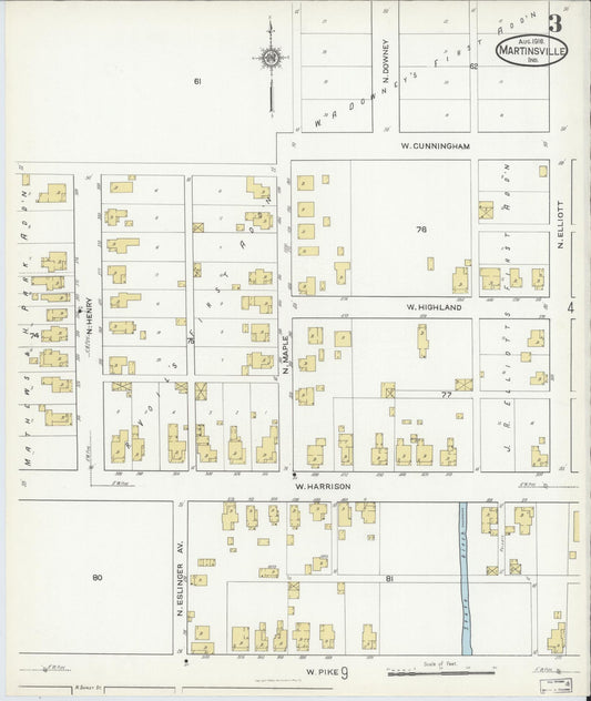 Sanborn Fire Insurance Map from Martinsville, Morgan County, Indiana (1916), Sheet #0003 - Historic Sanborn Fire Insurance Map Print, vintage old map wall art, antique decor, genealogy gift, Indiana Indiana map