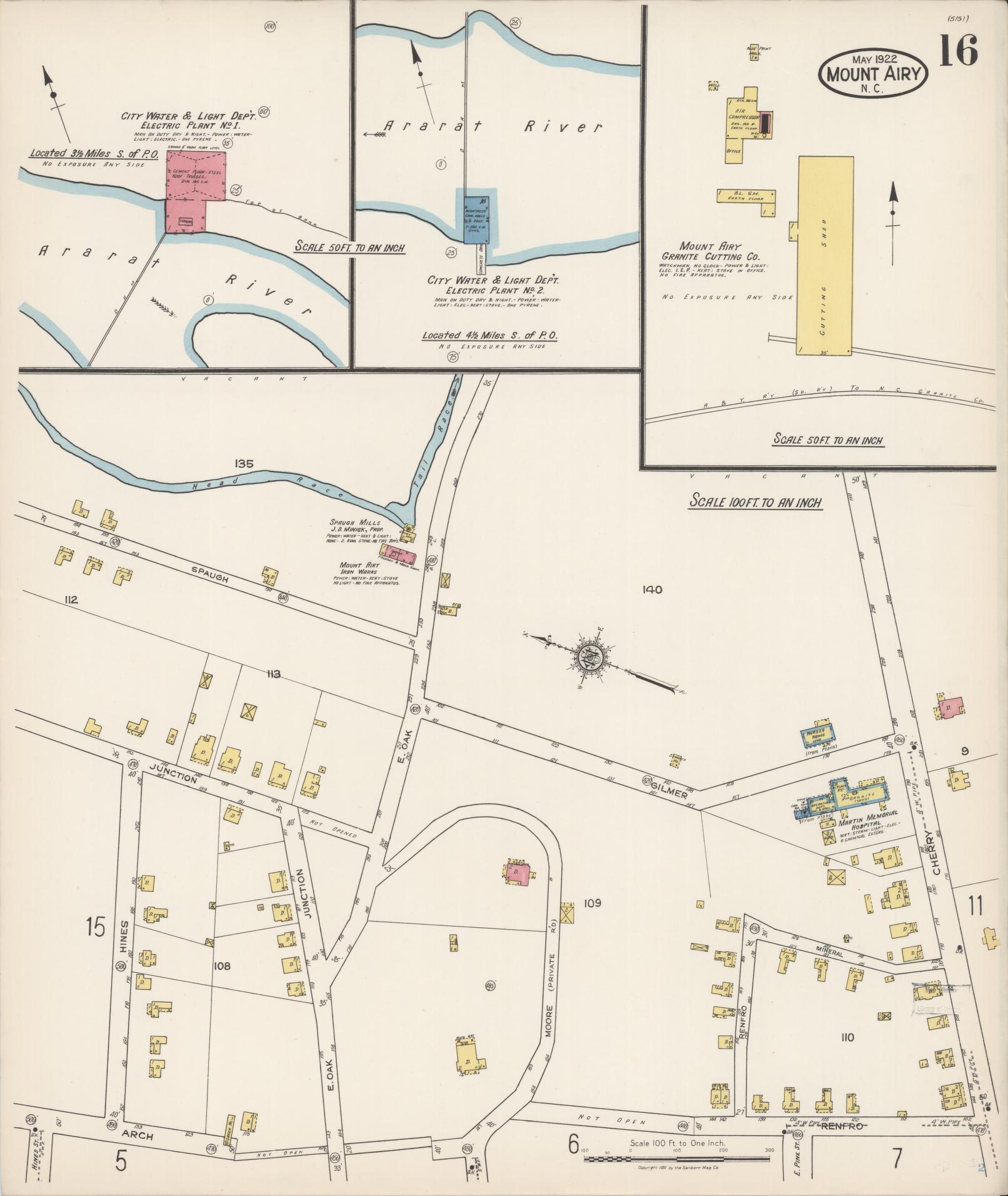 Sanborn Fire Insurance Map from Mount Airy, Surry County, North Carolina (1922), Sheet #0016 - Historic Sanborn Fire Insurance Map Print, vintage old map wall art, antique decor, genealogy gift, North Carolina North Carolina map