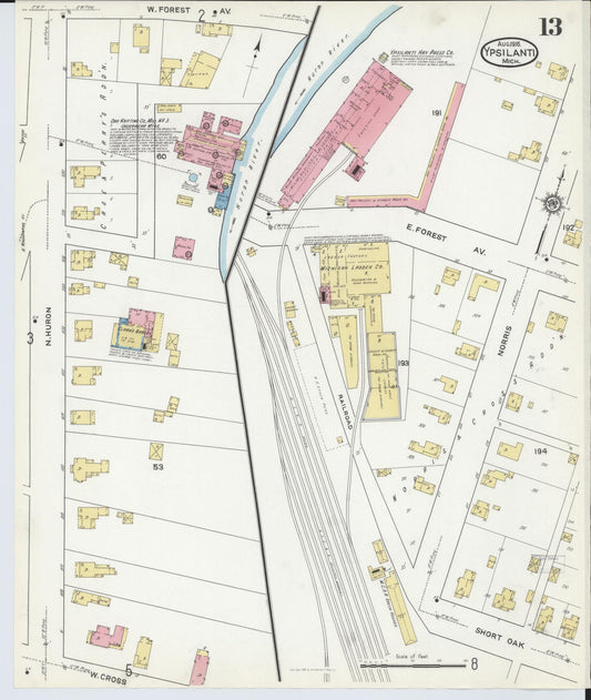 Sanborn Fire Insurance Map from Ypsilanti, Washtenaw County, Michigan (1916), Sheet #0013 - Historic Sanborn Fire Insurance Map Print, vintage old map wall art, antique decor, genealogy gift, Michigan Michigan map