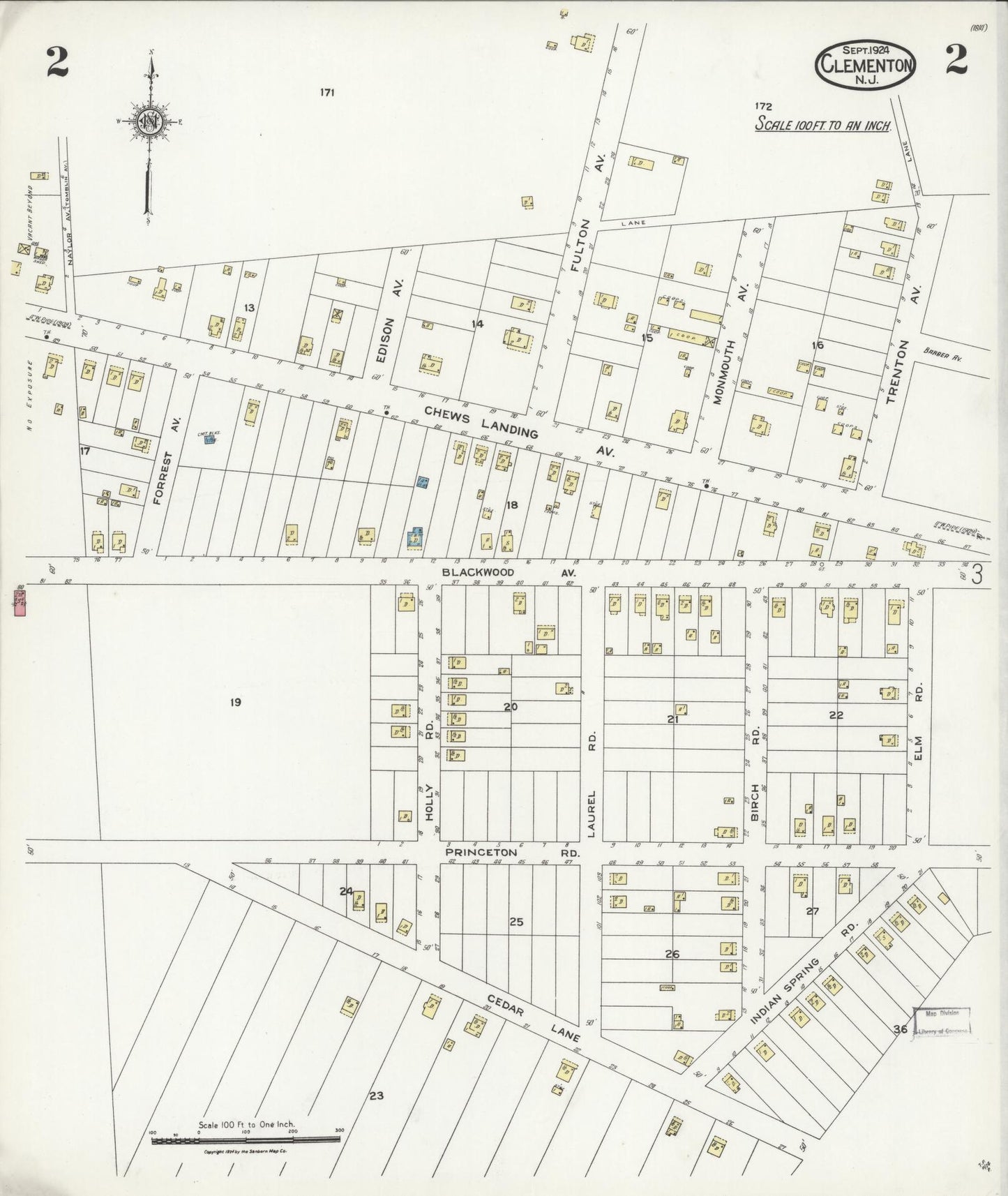 Sanborn Fire Insurance Map from Clementon, Camden County, New Jersey (1924), Sheet #0002 - Historic Sanborn Fire Insurance Map Print, vintage old map wall art, antique decor, genealogy gift, New Jersey New Jersey map