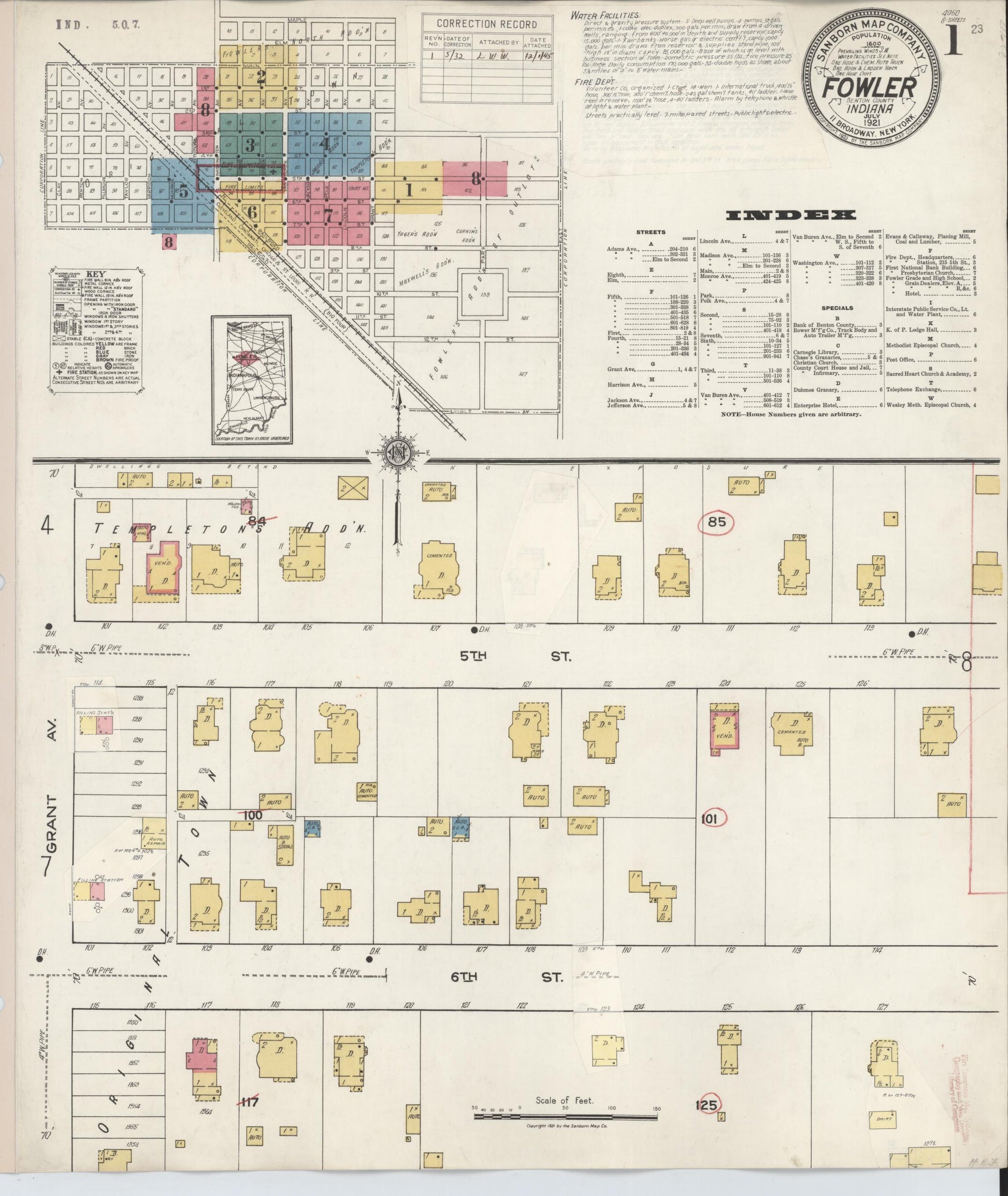Sanborn Fire Insurance Map from Fowler, Benton County, Indiana (1932), Sheet #0001 - Historic Sanborn Fire Insurance Map Print, vintage old map wall art, antique decor, genealogy gift, Indiana Indiana map
