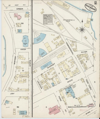 Sanborn Fire Insurance Map from Ogdensburg, St. Lawrence County, New York (1884), Sheet #0002 - Historic Sanborn Fire Insurance Map Print, vintage old map wall art, antique decor, genealogy gift, New York New York map