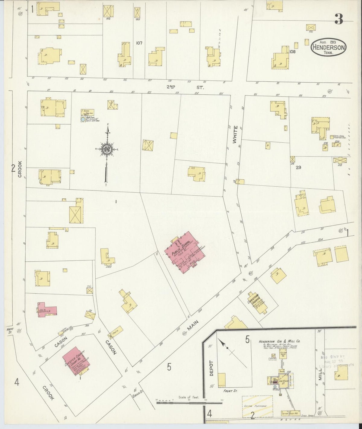 Sanborn Fire Insurance Map from Henderson, Chester County, Tennessee (1913), Sheet #0003 - Historic Sanborn Fire Insurance Map Print, vintage old map wall art, antique decor, genealogy gift, Tennessee Tennessee map