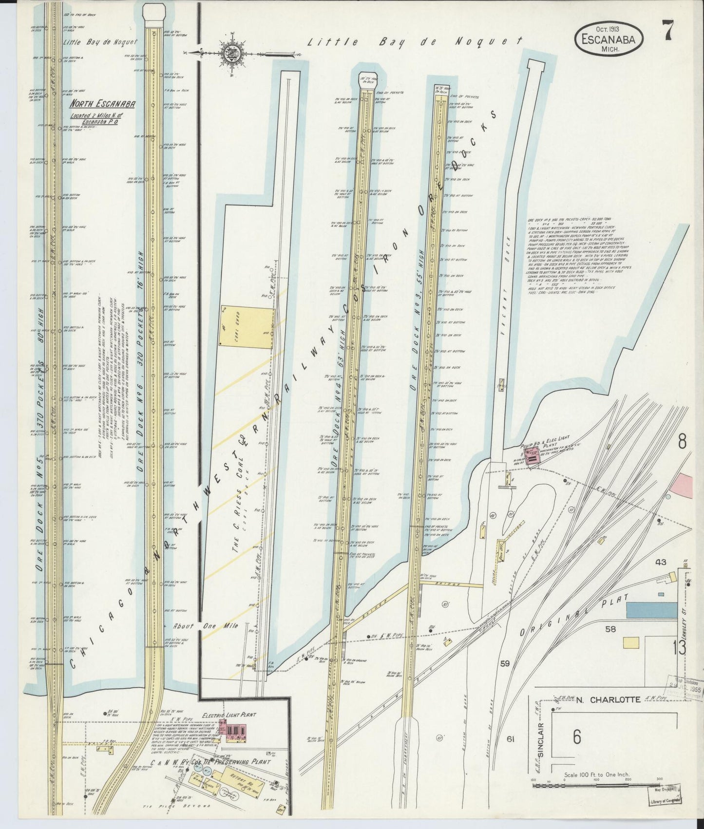 Sanborn Fire Insurance Map from Escanaba, Delta County, Michigan (1913), Sheet #0007 - Historic Sanborn Fire Insurance Map Print, vintage old map wall art, antique decor, genealogy gift, Michigan Michigan map