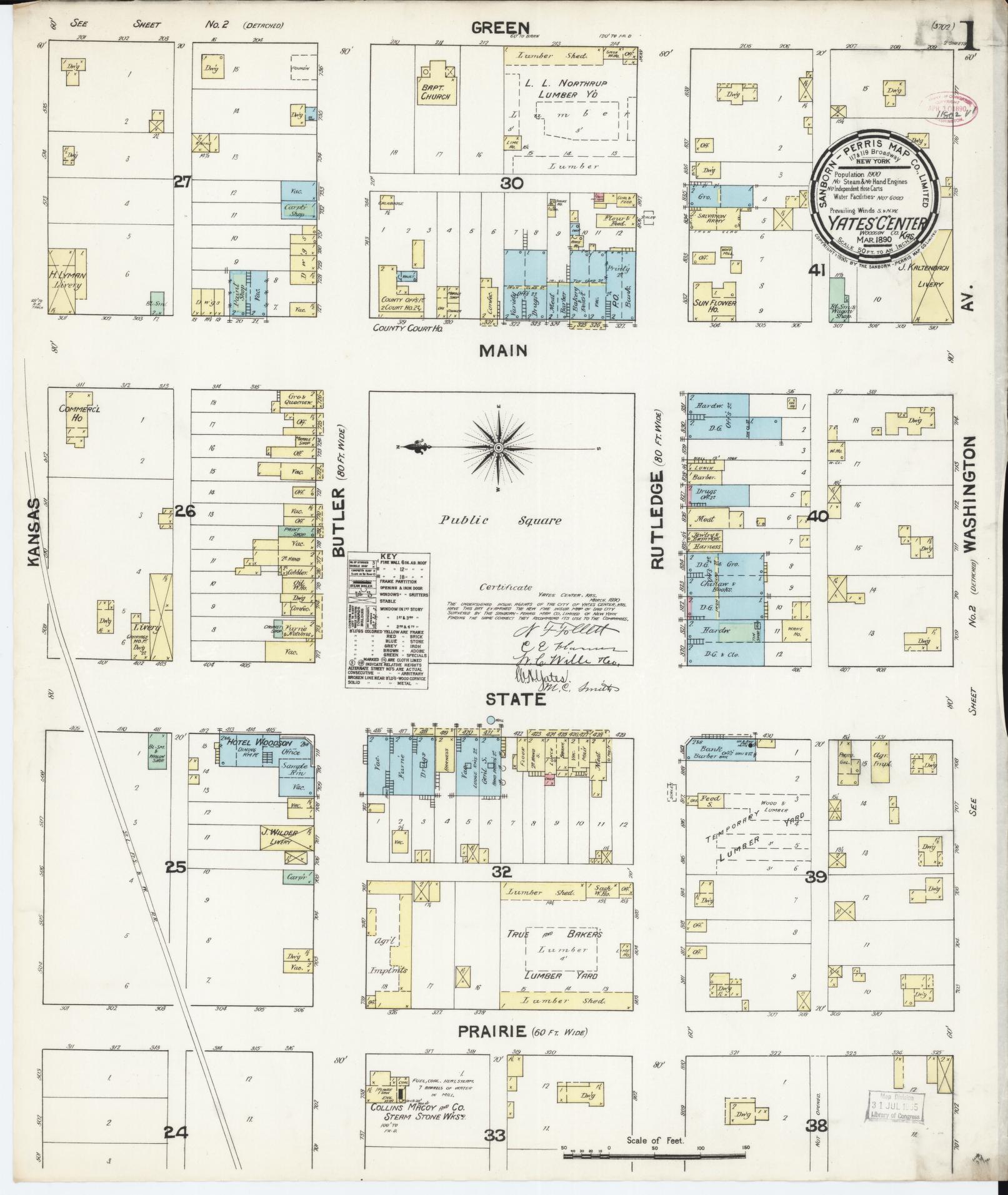 Sanborn Fire Insurance Map from Yates Center, Woodson County, Kansas (1890), Sheet #0001 - Historic Sanborn Fire Insurance Map Print, vintage old map wall art, antique decor, genealogy gift, Kansas Kansas map