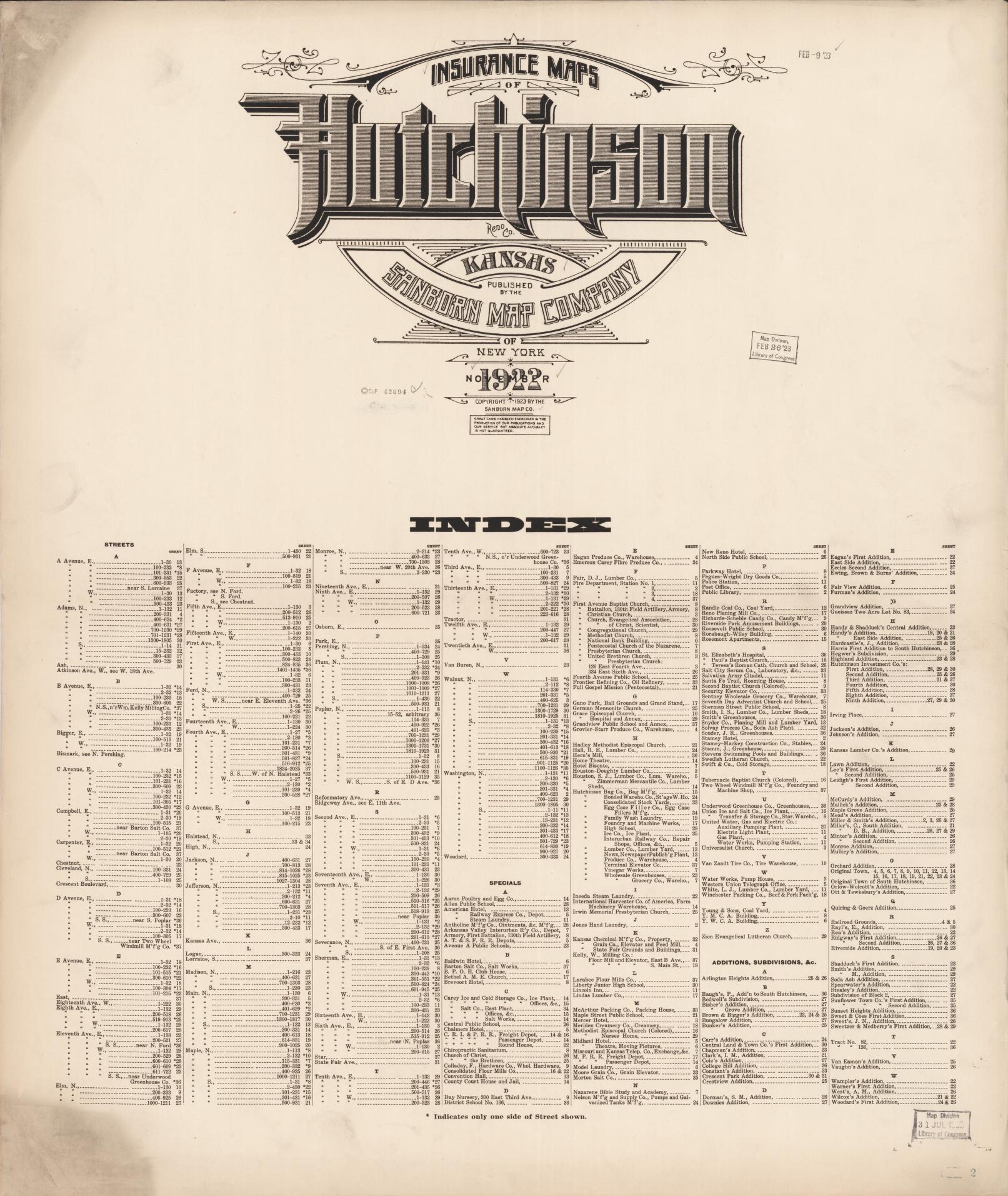 Sanborn Fire Insurance Map from Hutchinson, Reno County, Kansas. (1922) – Historic Sanborn Fire Insurance Map Print