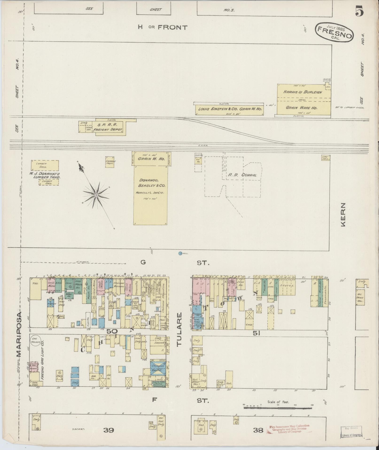 Sanborn Fire Insurance Map from Fresno, Fresno County, California (1885), Sheet #0005 - Historic Sanborn Fire Insurance Map Print, vintage old map wall art, antique decor, genealogy gift, California California map
