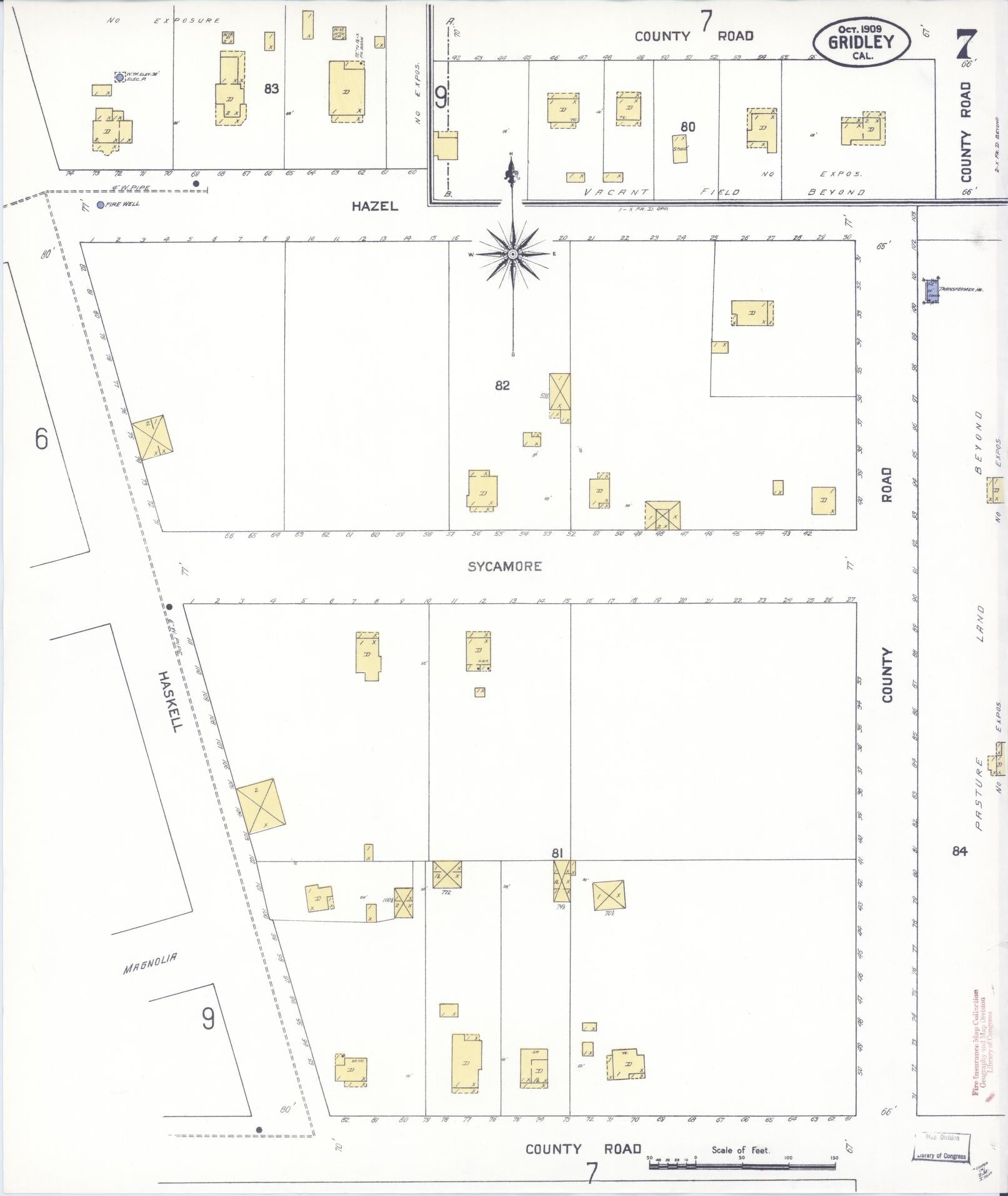 Sanborn Fire Insurance Map from Gridley, Butte County, California (1909), Sheet #0007 - Historic Sanborn Fire Insurance Map Print, vintage old map wall art, antique decor, genealogy gift, California California map