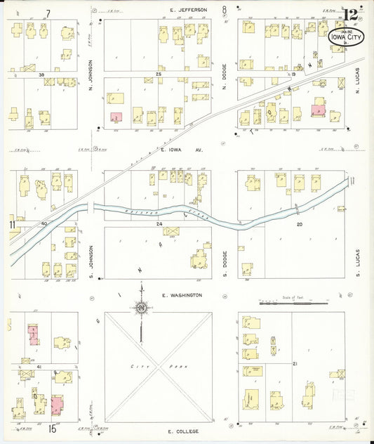 Sanborn Fire Insurance Map from Iowa City, Johnson County, Iowa (1912), Sheet #0012 - Historic Sanborn Fire Insurance Map Print, vintage old map wall art