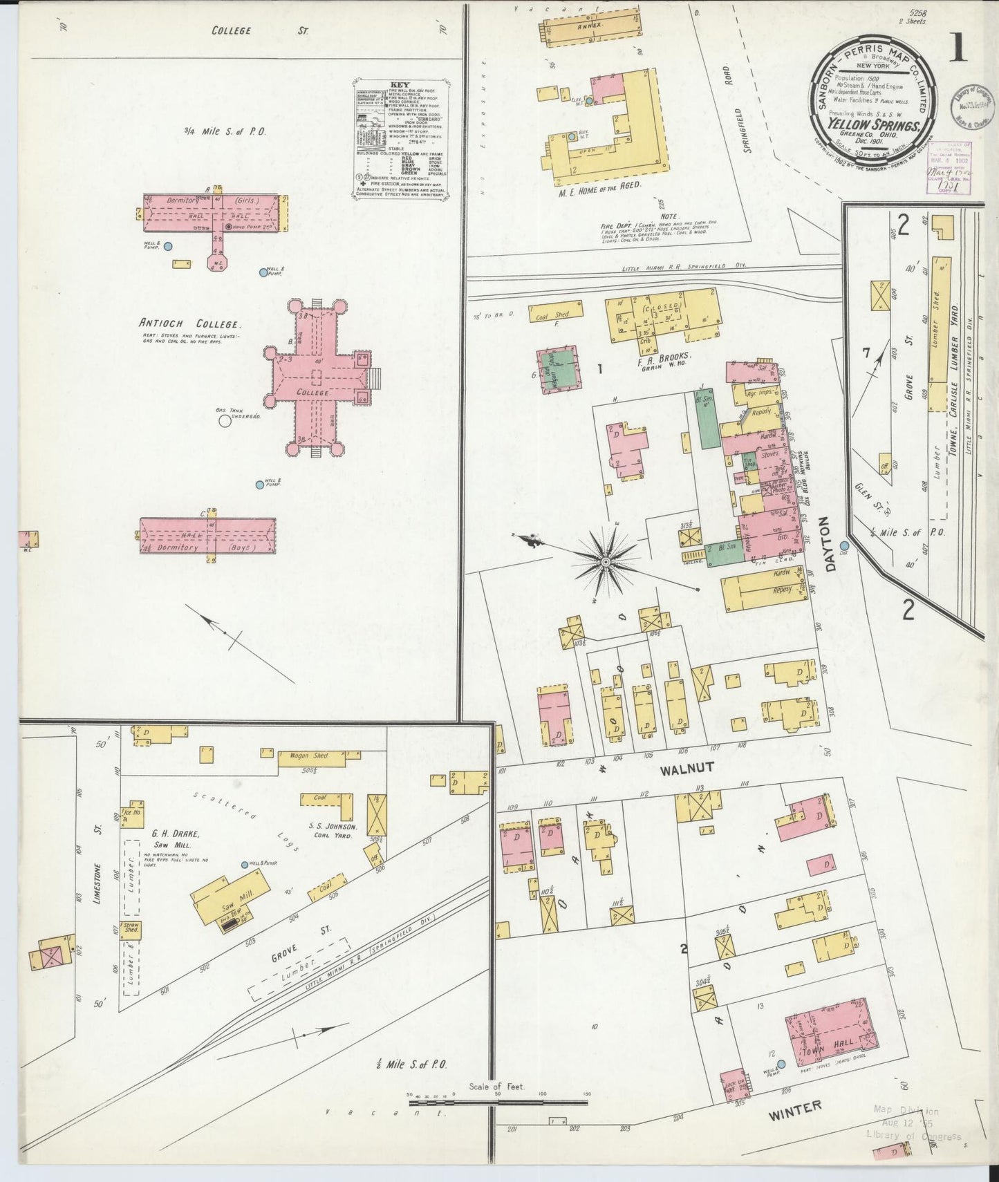 Sanborn Fire Insurance Map from Yellow Springs, Greene County, Ohio (1901), Sheet #0001 - Historic Sanborn Fire Insurance Map Print, vintage old map wall art, antique decor, genealogy gift, Ohio Ohio map