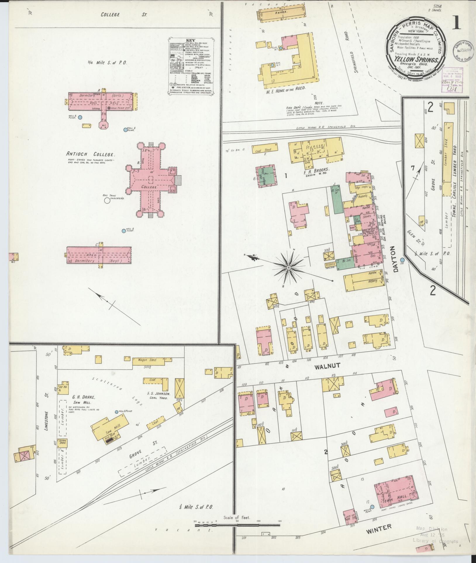 Sanborn Fire Insurance Map from Yellow Springs, Greene County, Ohio (1901), Sheet #0001 - Historic Sanborn Fire Insurance Map Print, vintage old map wall art, antique decor, genealogy gift, Ohio Ohio map