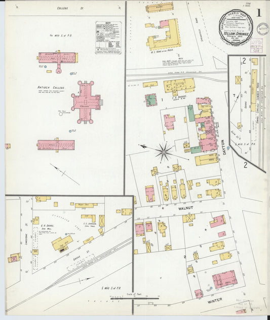 Sanborn Fire Insurance Map from Yellow Springs, Greene County, Ohio (1901), Sheet #0001 - Historic Sanborn Fire Insurance Map Print, vintage old map wall art, antique decor, genealogy gift, Ohio Ohio map