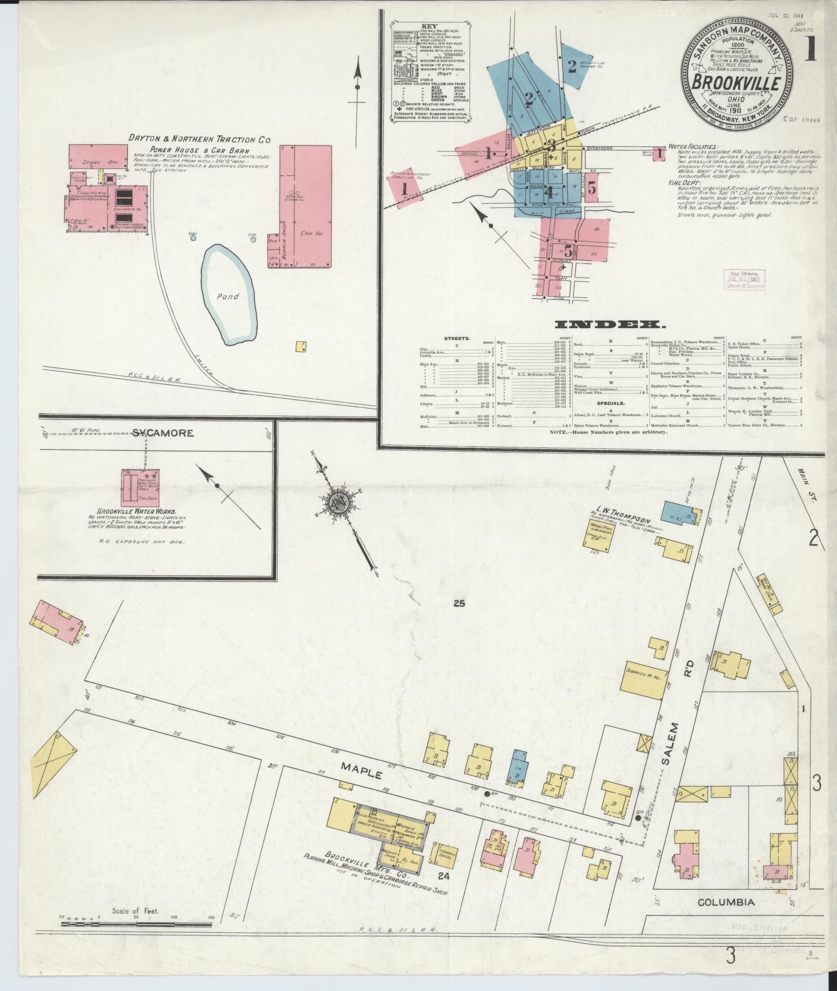 Sanborn Fire Insurance Map from Brookville, Montgomery County, Ohio (1911), Sheet #0001 - Historic Sanborn Fire Insurance Map Print, vintage old map wall art, antique decor, genealogy gift, Ohio Ohio map