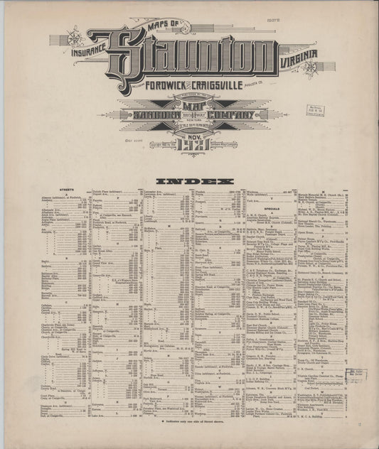 Sanborn Fire Insurance Map from Staunton, Independent Cities, Virginia (1921), Sheet #0001 - Historic Sanborn Fire Insurance Map Print, vintage old map wall art, antique decor, genealogy gift, Virginia Virginia map
