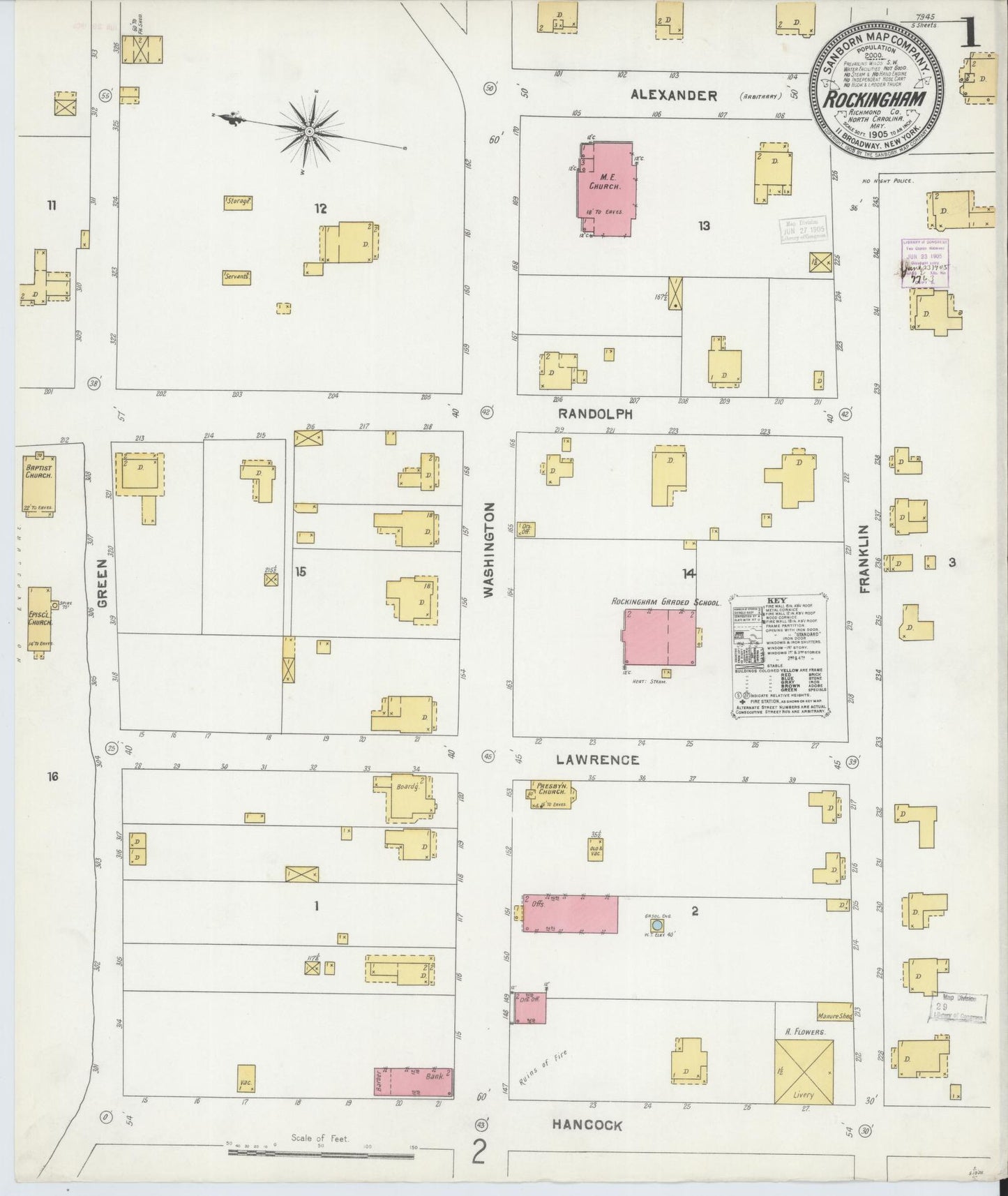 Sanborn Fire Insurance Map from Rockingham, Richmond County, North Carolina (1905), Sheet #0001 - Complete Map Set gallery image, historic Sanborn map, vintage wall art, North Carolina North Carolina