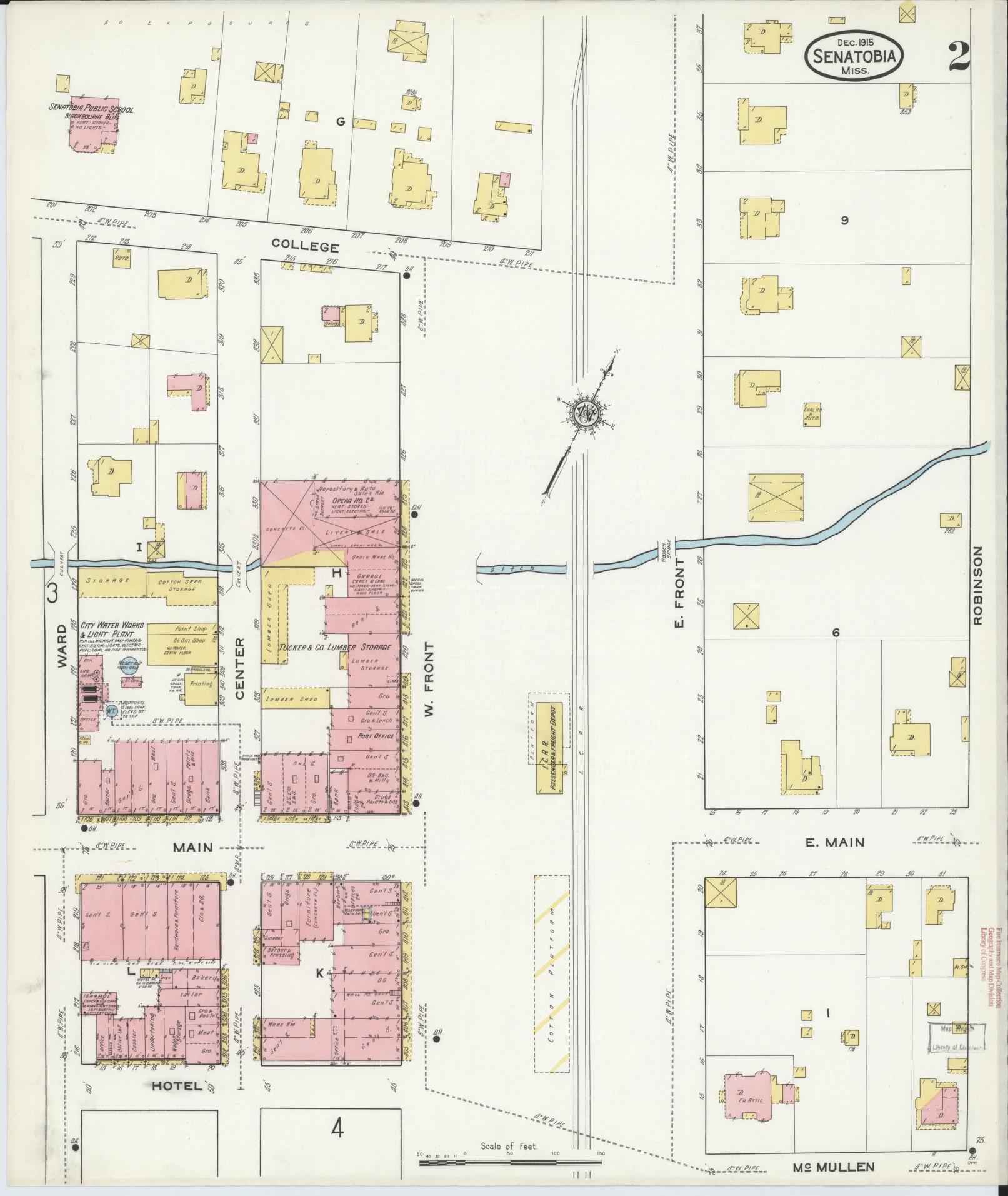 Sanborn Fire Insurance Map from Senatobia, Tate County, Mississippi (1915), Sheet #0002 - Historic Sanborn Fire Insurance Map Print, vintage old map wall art, antique decor, genealogy gift, Mississippi Mississippi map
