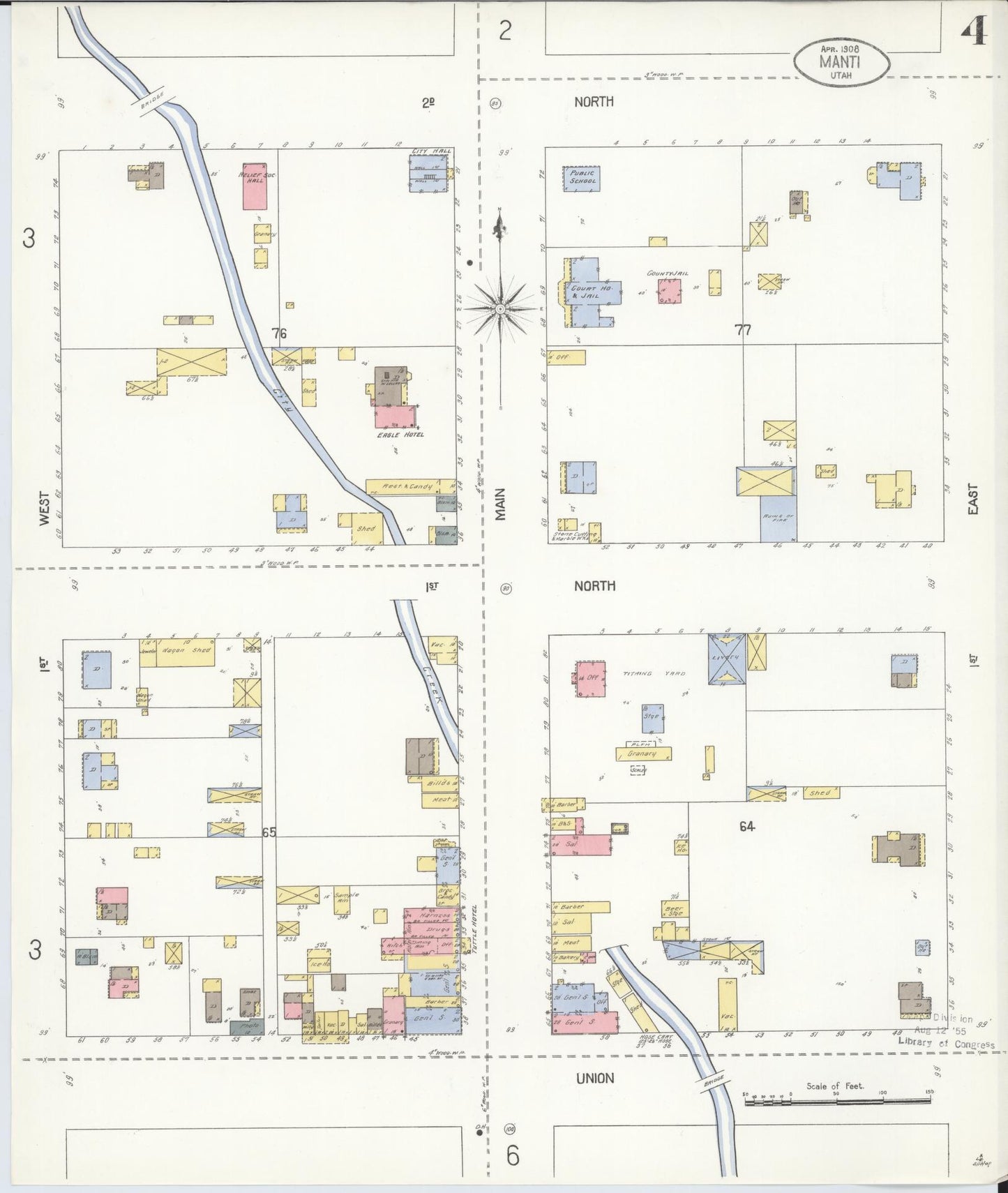 Sanborn Fire Insurance Map from Manti, Sanpete County, Utah (1908), Sheet #0004 - Historic Sanborn Fire Insurance Map Print, vintage old map wall art, antique decor, genealogy gift, Utah Utah map