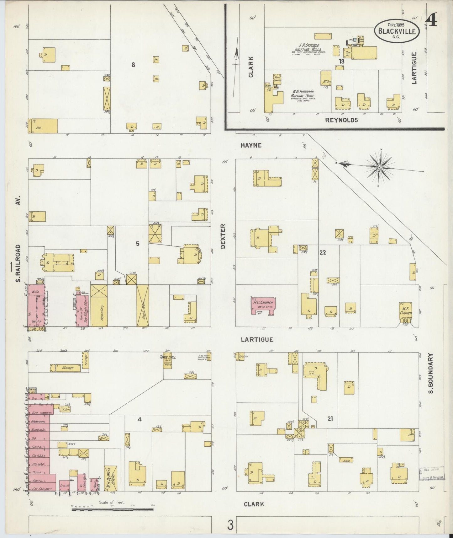 Sanborn Fire Insurance Map from Blackville, Barnwell County, South Carolina (1899), Sheet #0004 - Historic Sanborn Fire Insurance Map Print, vintage old map wall art, antique decor, genealogy gift, South Carolina South Carolina map