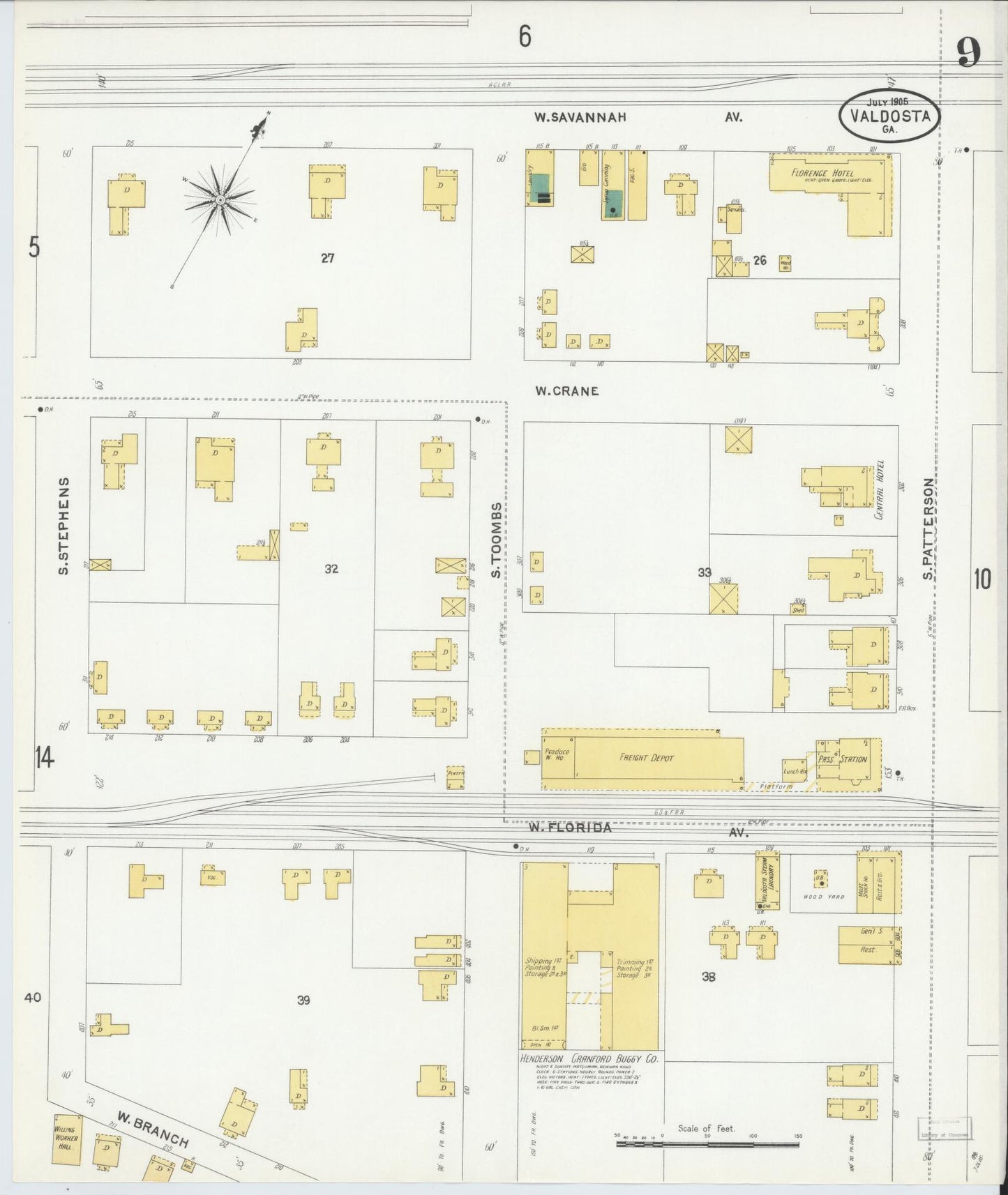 Sanborn Fire Insurance Map from Valdosta, Lowndes County, Georgia (1905), Sheet #0009 - Complete Map Set gallery image, historic Sanborn map, vintage wall art, Georgia Georgia