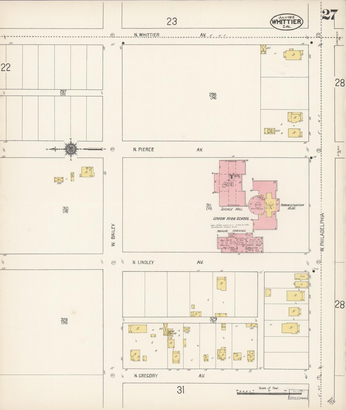 Sanborn Fire Insurance Map from Whittier, Los Angeles County, California (1912), Sheet #0027 - Complete Map Set gallery image, historic Sanborn map, vintage wall art, California California